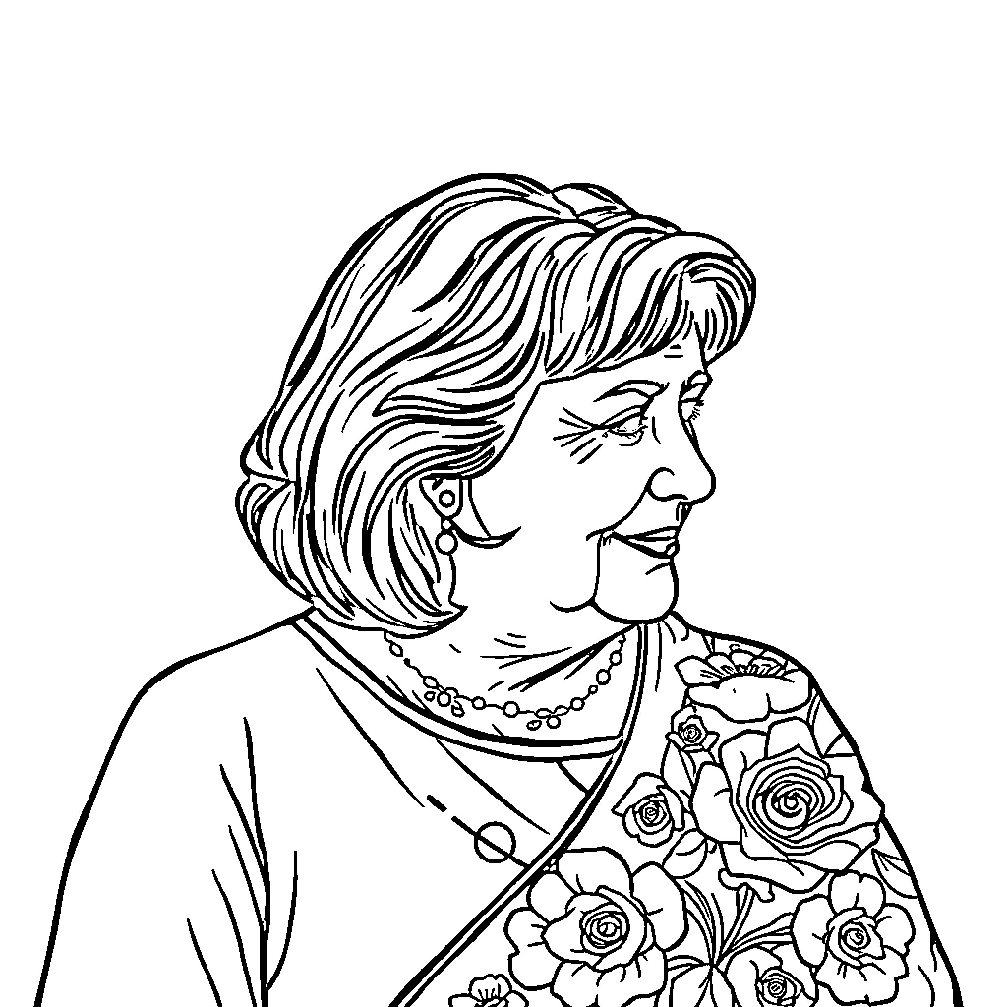 Mom smiling at the camera in floral dress Coloring Page (free black-and-white line drawing printable PDF for all, from beginners to advanced learners, including children, teens, adults, and seniors)