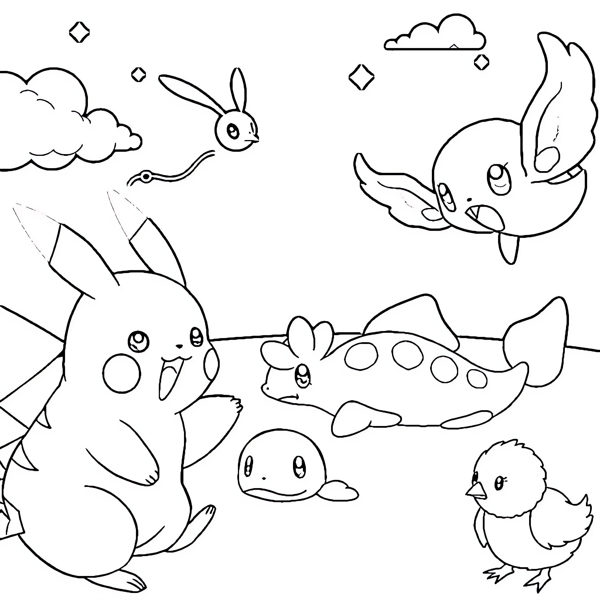Pokémon characters in a whimsical scene Coloring Page (free black-and-white line drawing printable PDF for all, from beginners to advanced learners, including children, teens, adults, and seniors)