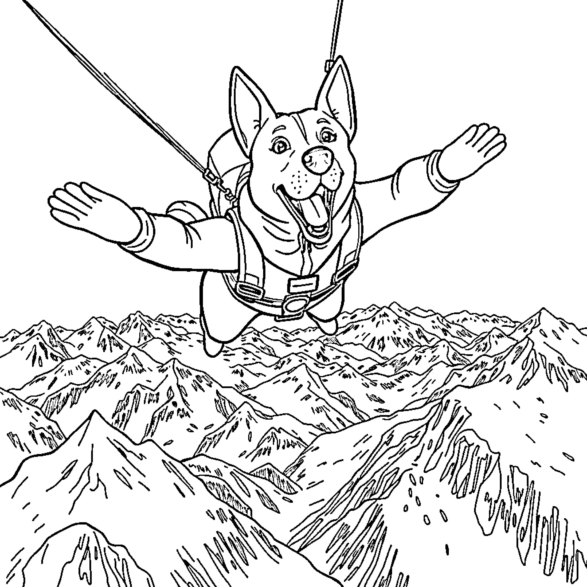 Dog Soaring Through the Mountains Coloring Page (free black-and-white line drawing printable PDF for all, from beginners to advanced learners, including children, teens, adults, and seniors)