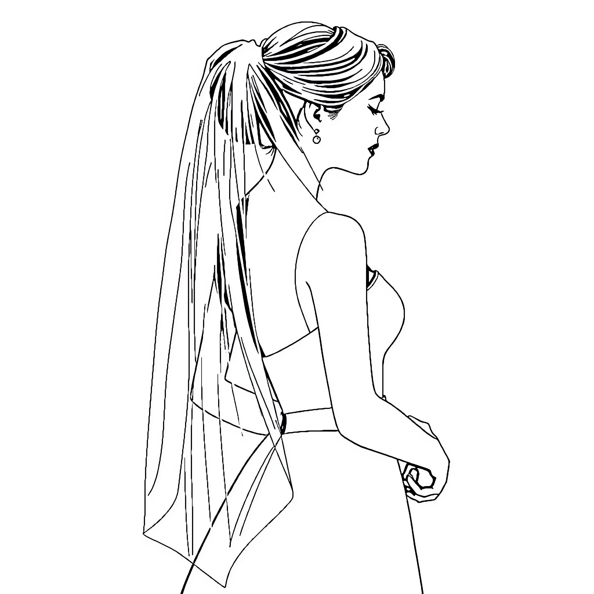 Bride in Elegant Veil and Dress Coloring Page (free black-and-white line drawing printable PDF for all, from beginners to advanced learners, including children, teens, adults, and seniors)