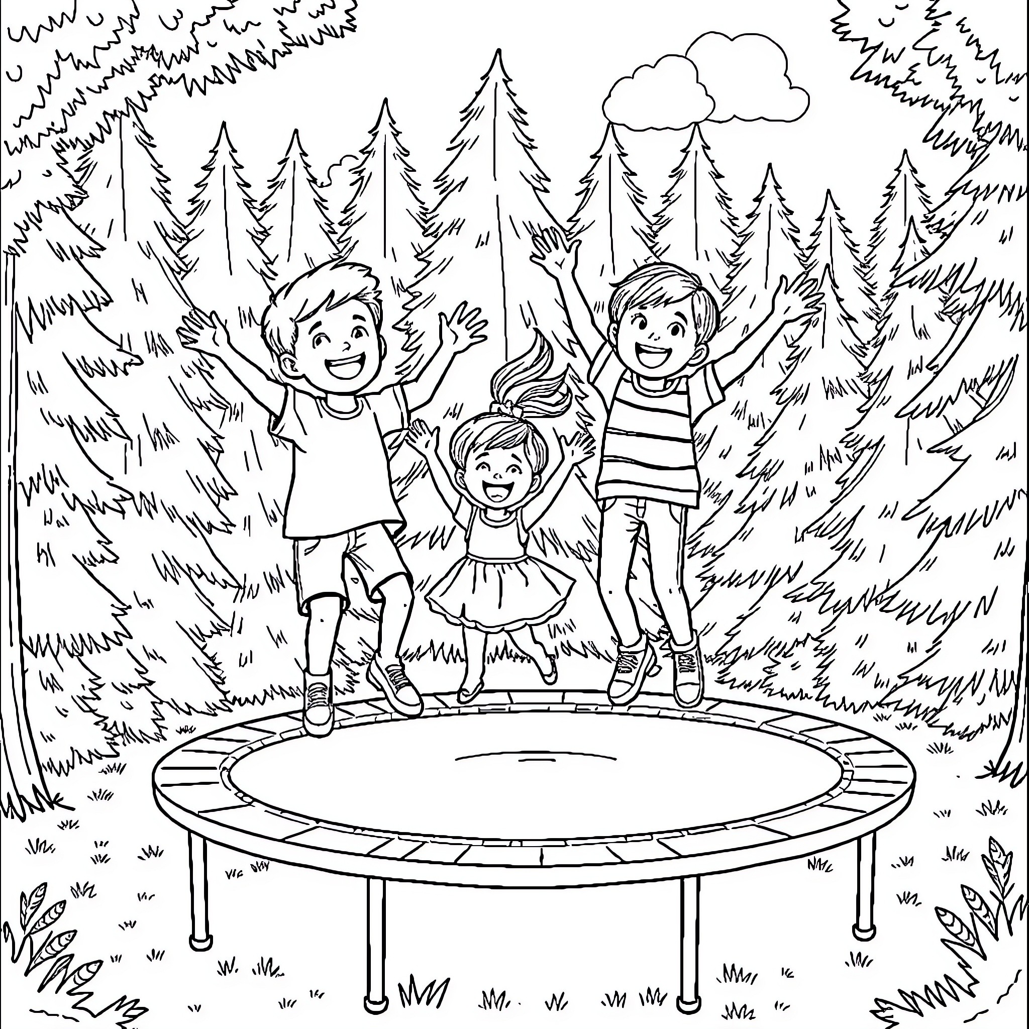 Sibling Siblings Bouncing Joyfully on Trampoline in Forest Coloring Page (free black-and-white line drawing printable PDF for all, from beginners to advanced learners, including children, teens, adults, and seniors)
