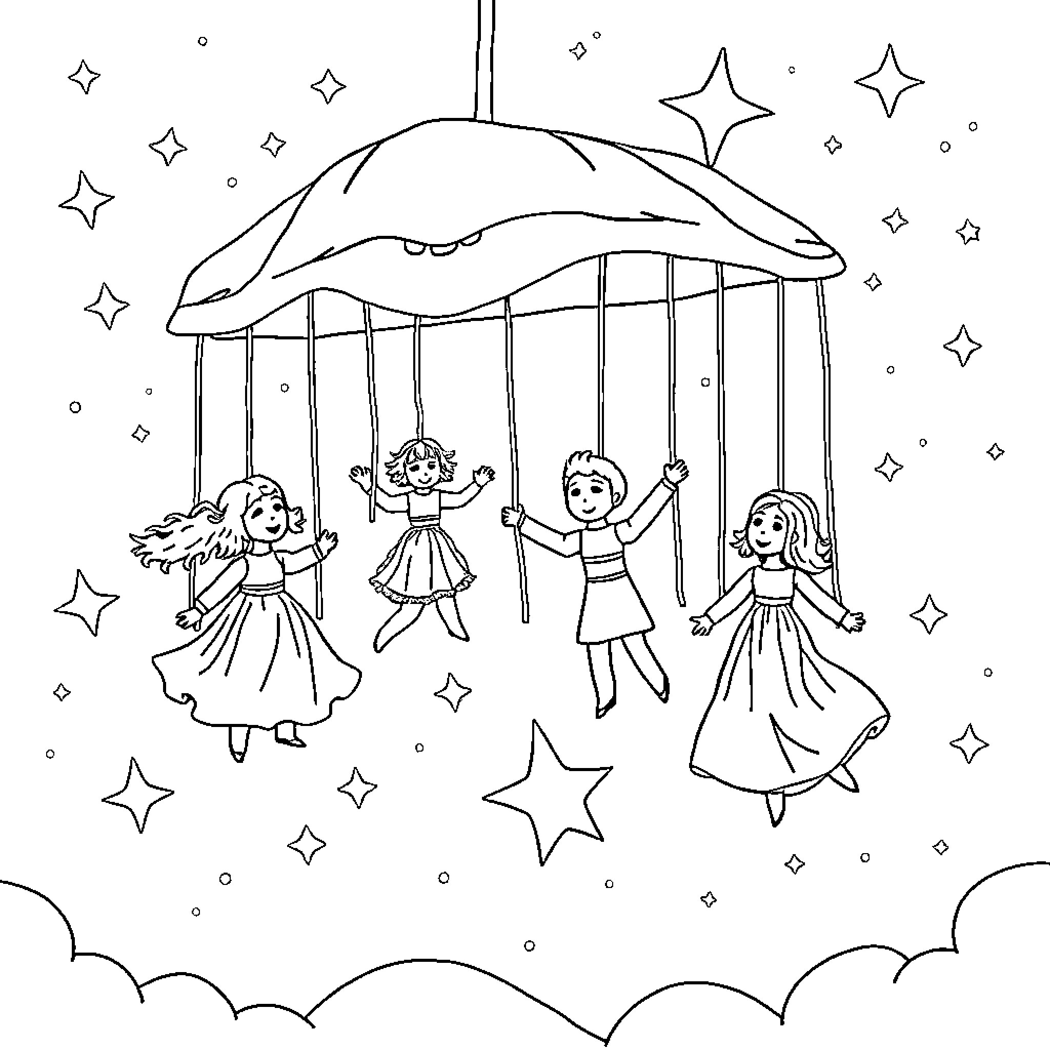 Marionette dolls dancing under a starry night Coloring Page (free black-and-white line drawing printable PDF for all, from beginners to advanced learners, including children, teens, adults, and seniors)