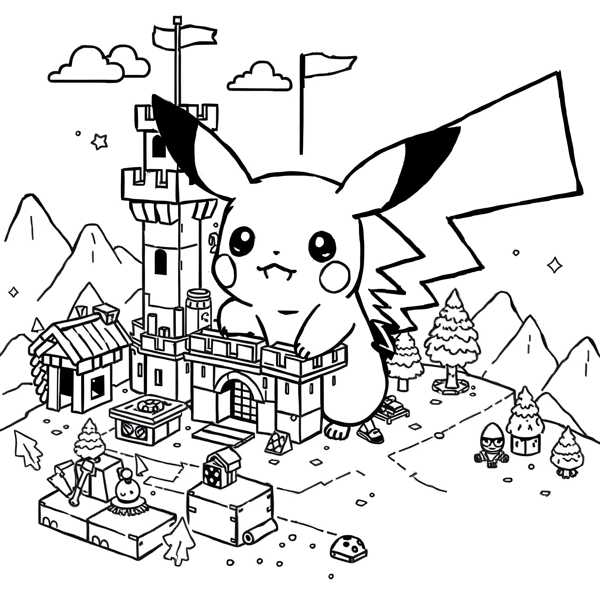 Pikachu exploring a whimsical fantasy landscape Coloring Page (free black-and-white line drawing printable PDF for all, from beginners to advanced learners, including children, teens, adults, and seniors)