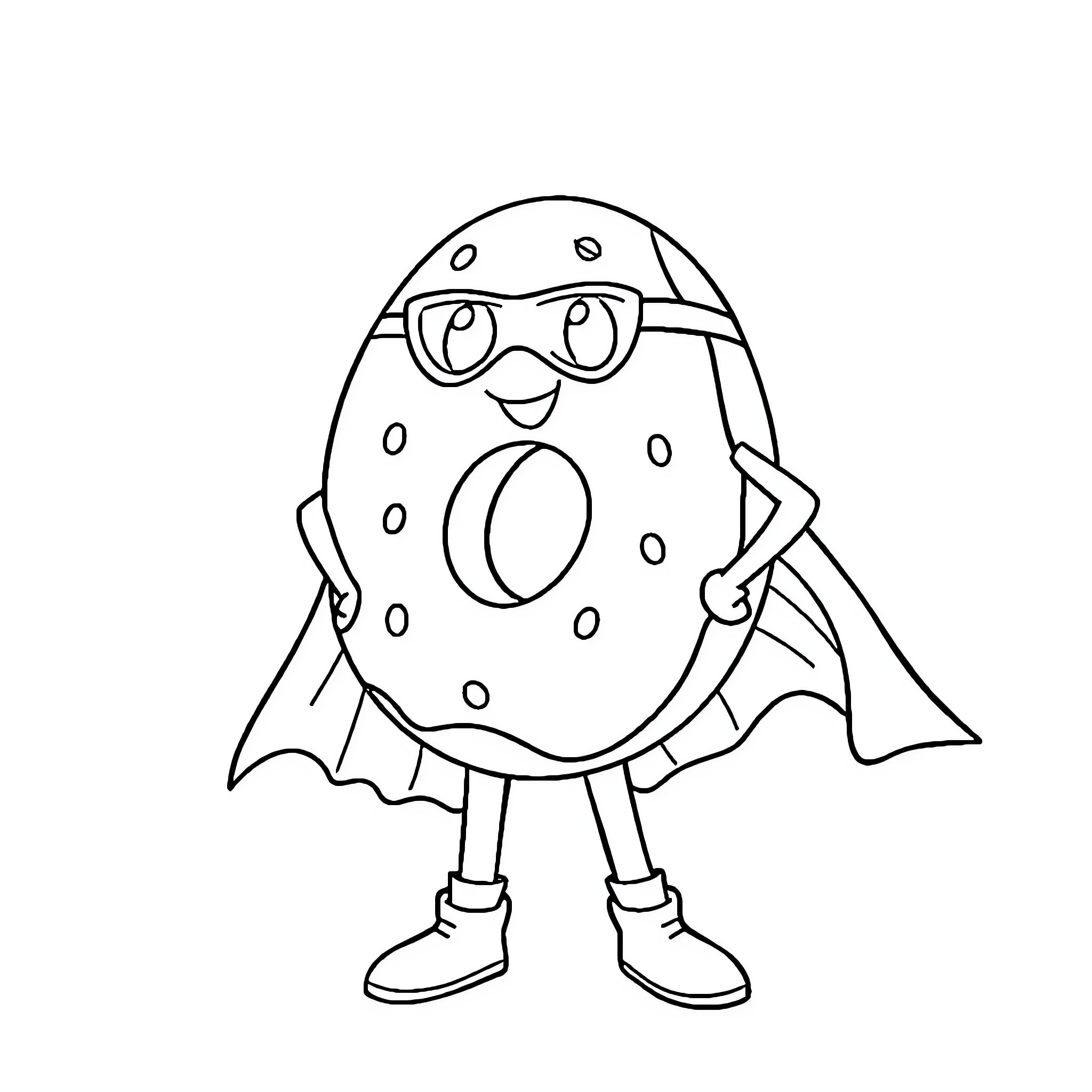 Donut Superhero flying and smiling with enthusiasm Coloring Page (free black-and-white line drawing printable PDF for all, from beginners to advanced learners, including children, teens, adults, and seniors)