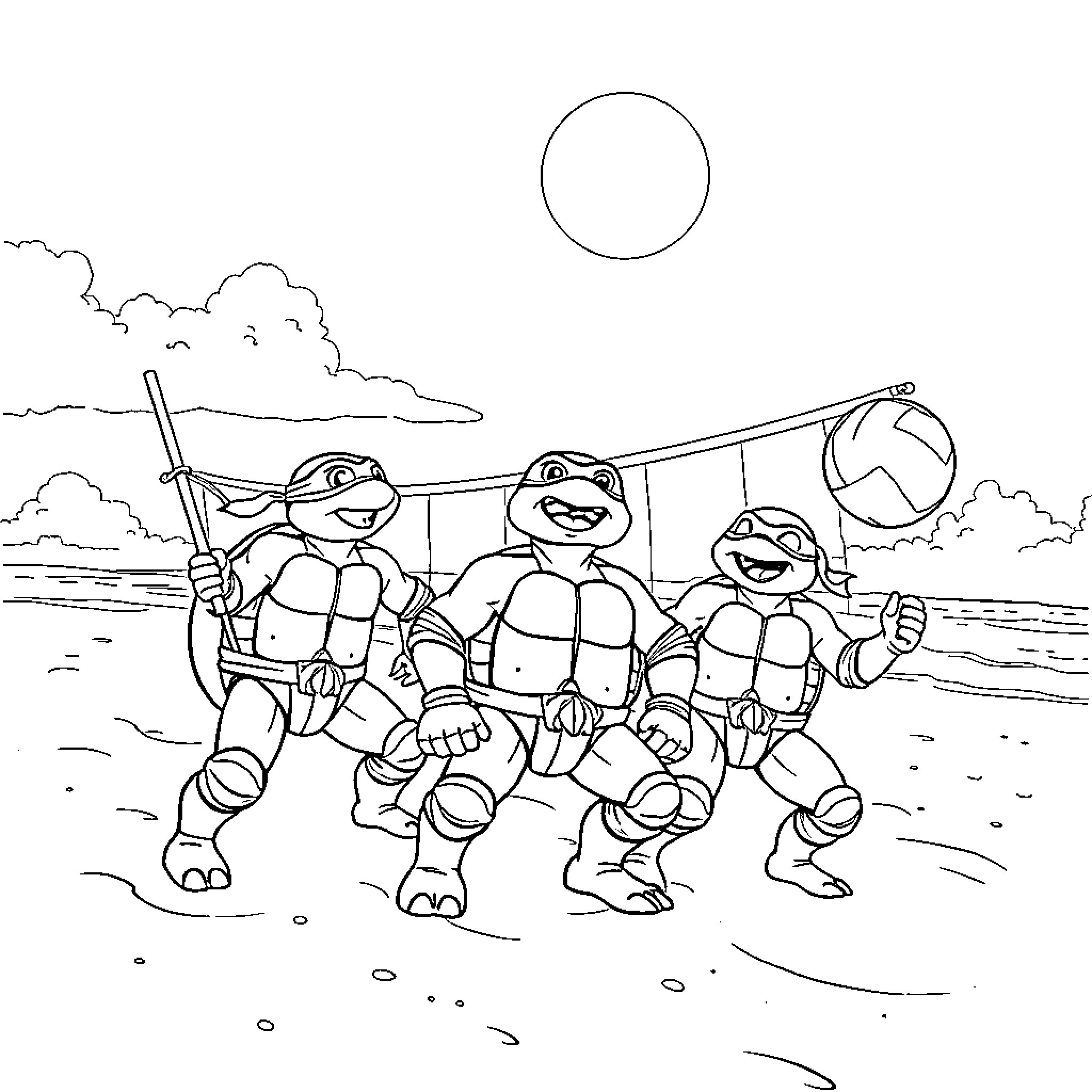 Ninja Turtles in an outdoor adventure scene Coloring Page (free black-and-white line drawing printable PDF for all, from beginners to advanced learners, including children, teens, adults, and seniors)