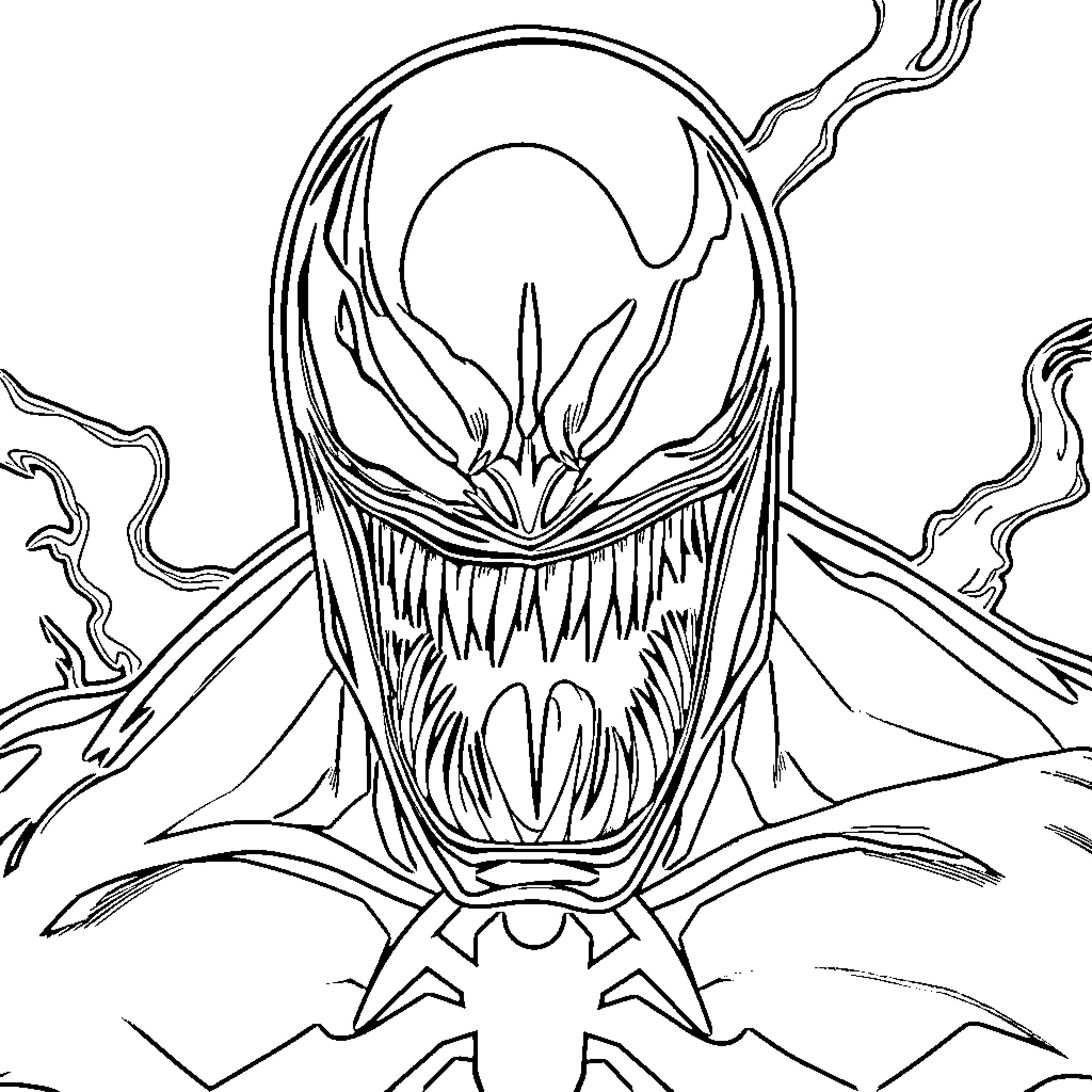 Venom's Ferocious Visage Coloring Page (free black-and-white line drawing printable PDF for all, from beginners to advanced learners, including children, teens, adults, and seniors)