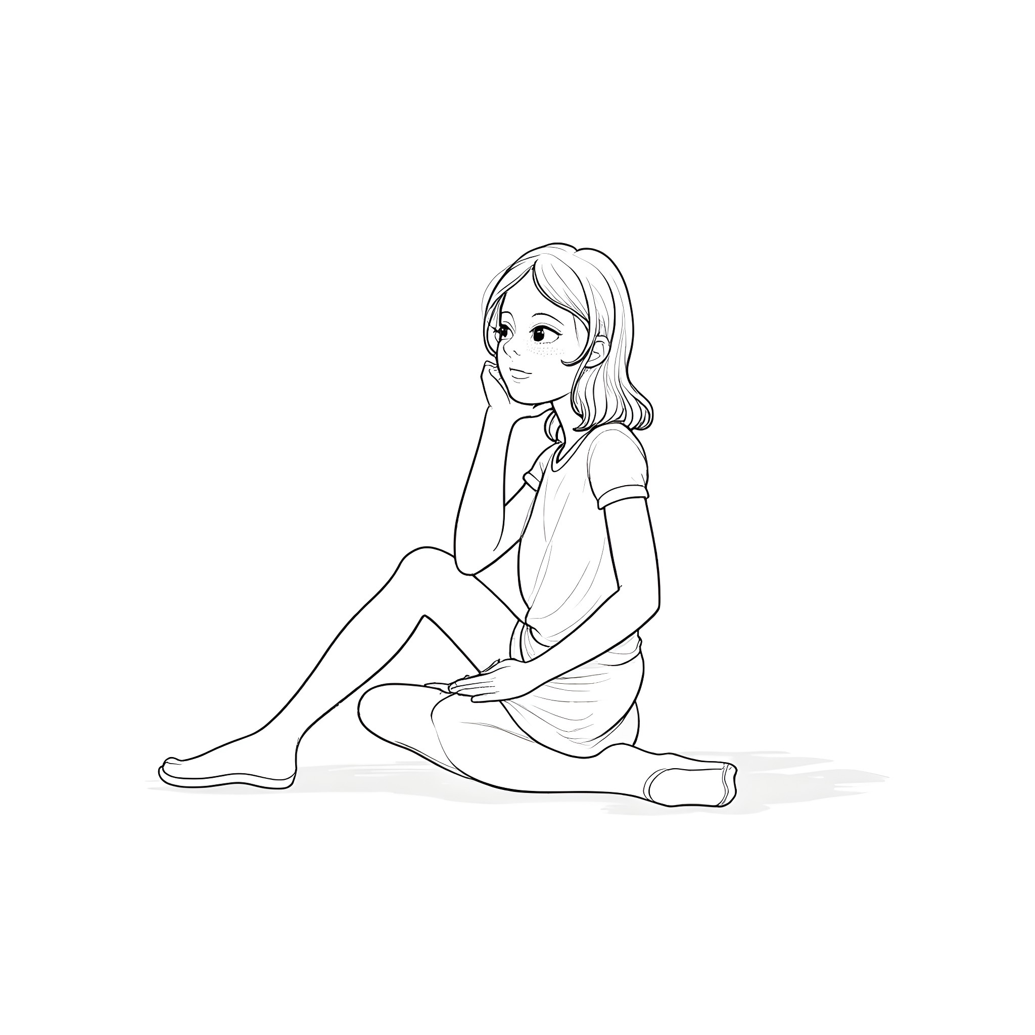 Girl sitting on the floor with a thoughtful expression Coloring Page (free black-and-white line drawing printable PDF for all, from beginners to advanced learners, including children, teens, adults, and seniors)