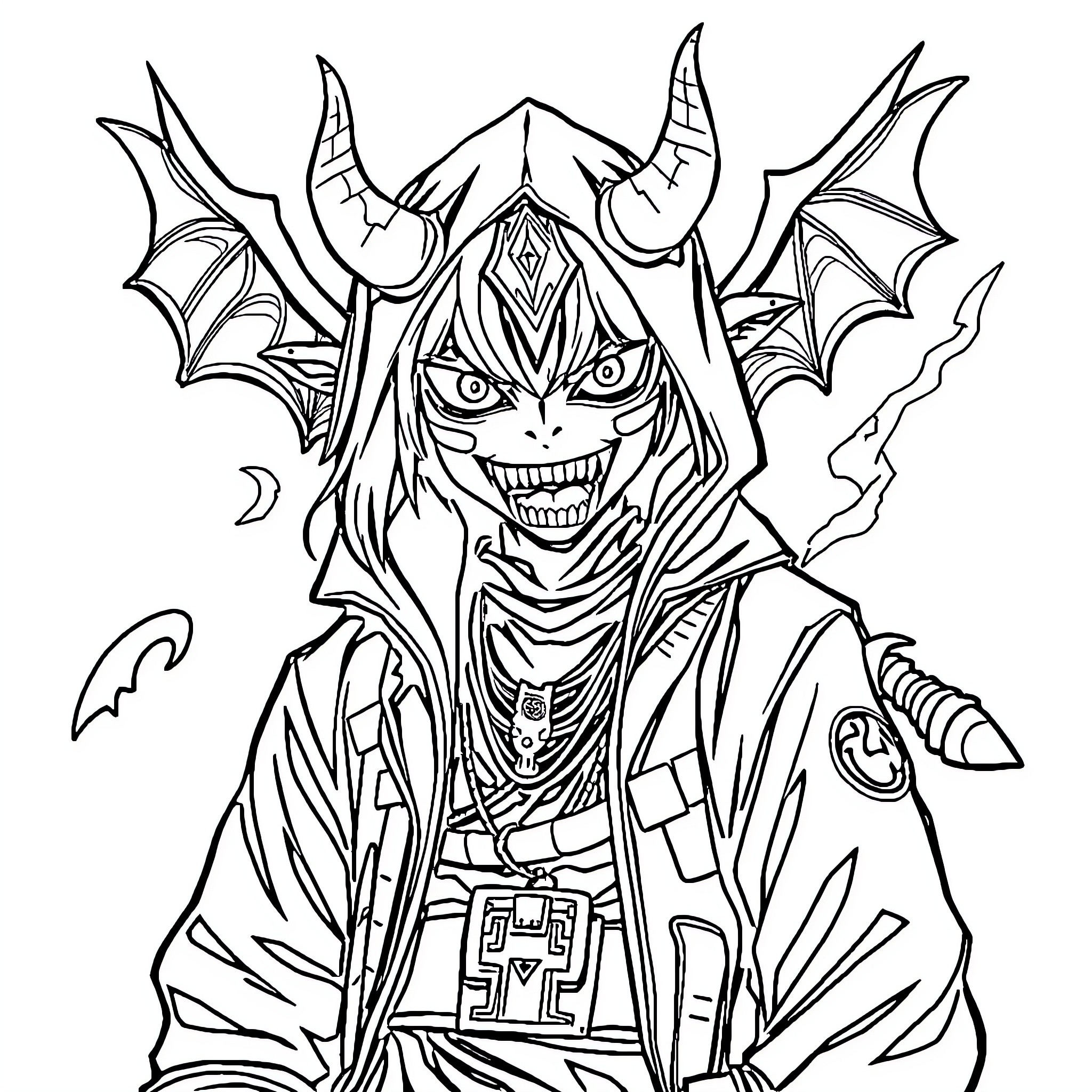 Demon Hunter Wielding Powerful Demonic Weapon Coloring Page (free black-and-white line drawing printable PDF for all, from beginners to advanced learners, including children, teens, adults, and seniors)