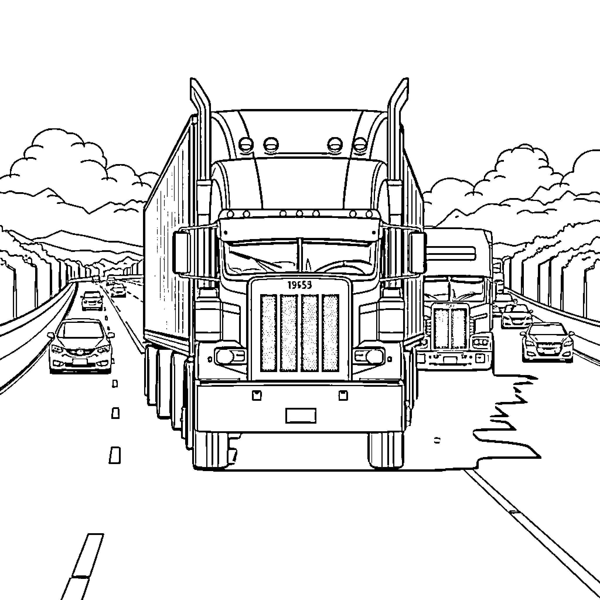 Truck transporting goods on the highway Coloring Page (free black-and-white line drawing printable PDF for all, from beginners to advanced learners, including children, teens, adults, and seniors)