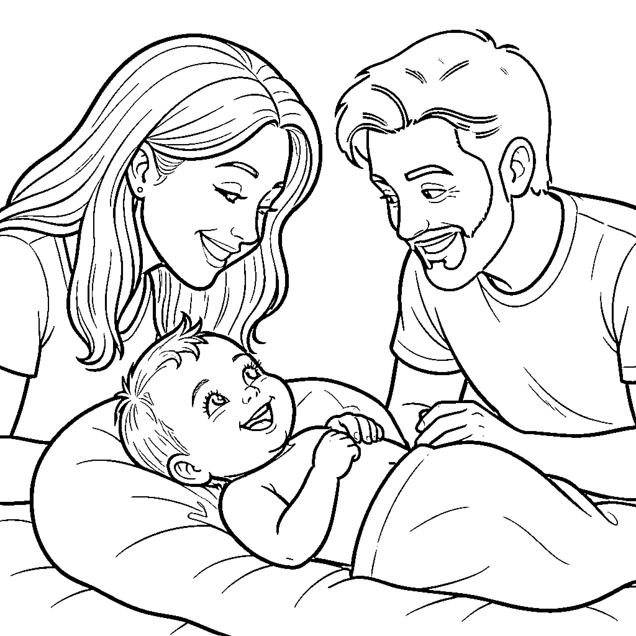 Baby laughing while being watched by happy parents Coloring Page (free black-and-white line drawing printable PDF for all, from beginners to advanced learners, including children, teens, adults, and seniors)