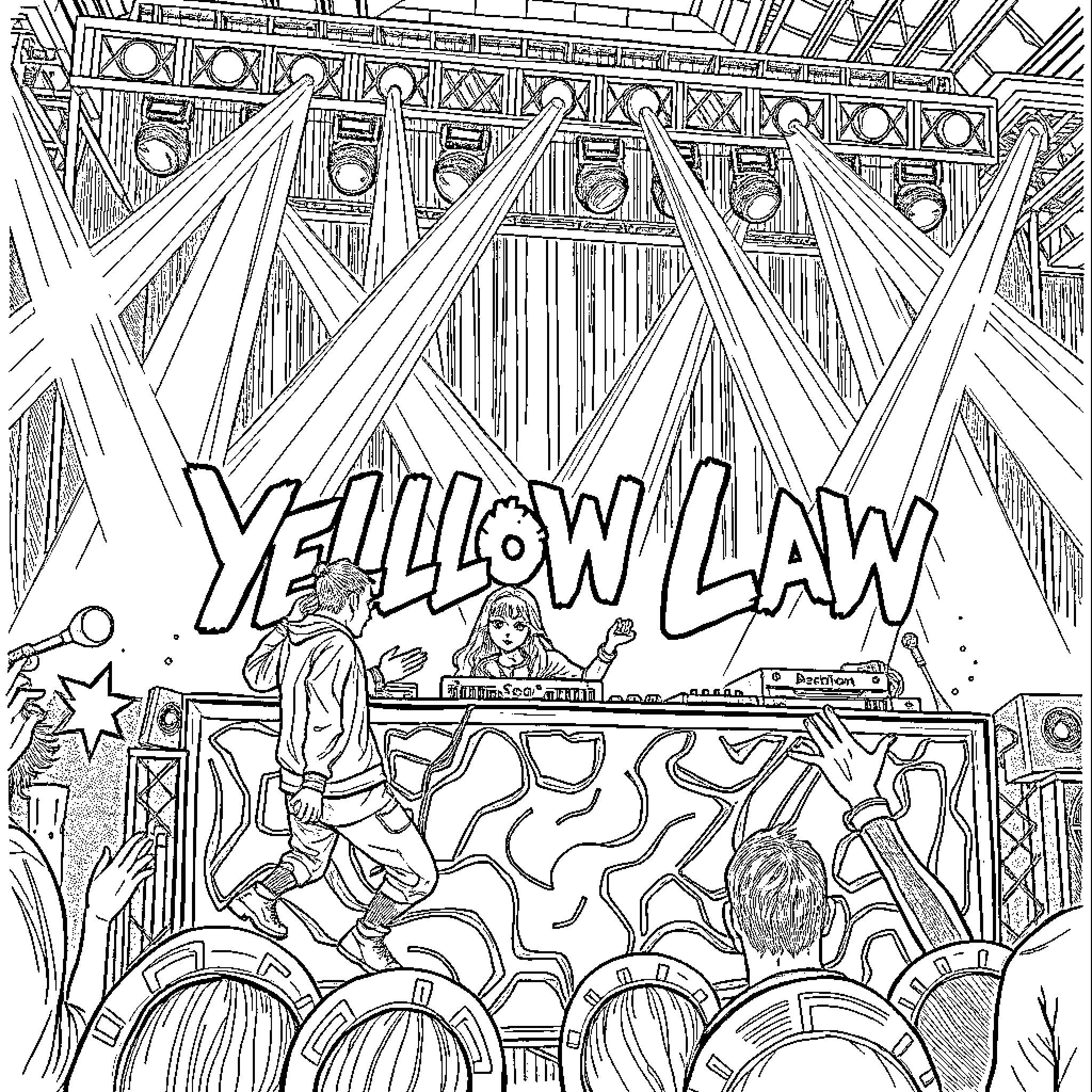 DJ Performing on Stage with Colorful Lights Coloring Page (free black-and-white line drawing printable PDF for all, from beginners to advanced learners, including children, teens, adults, and seniors)