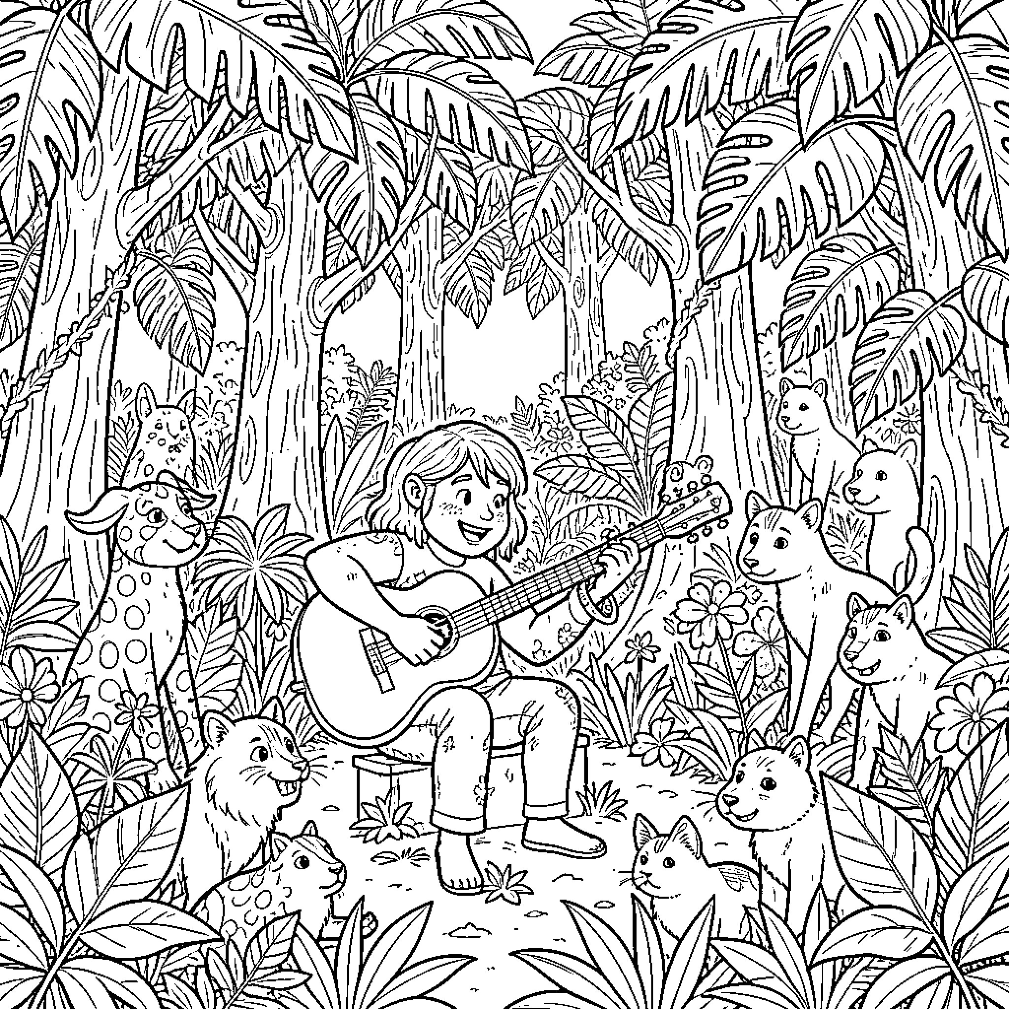 C2C: Girl playing guitar amid forest animals Coloring Page (free black-and-white line drawing printable PDF for all, from beginners to advanced learners, including children, teens, adults, and seniors)