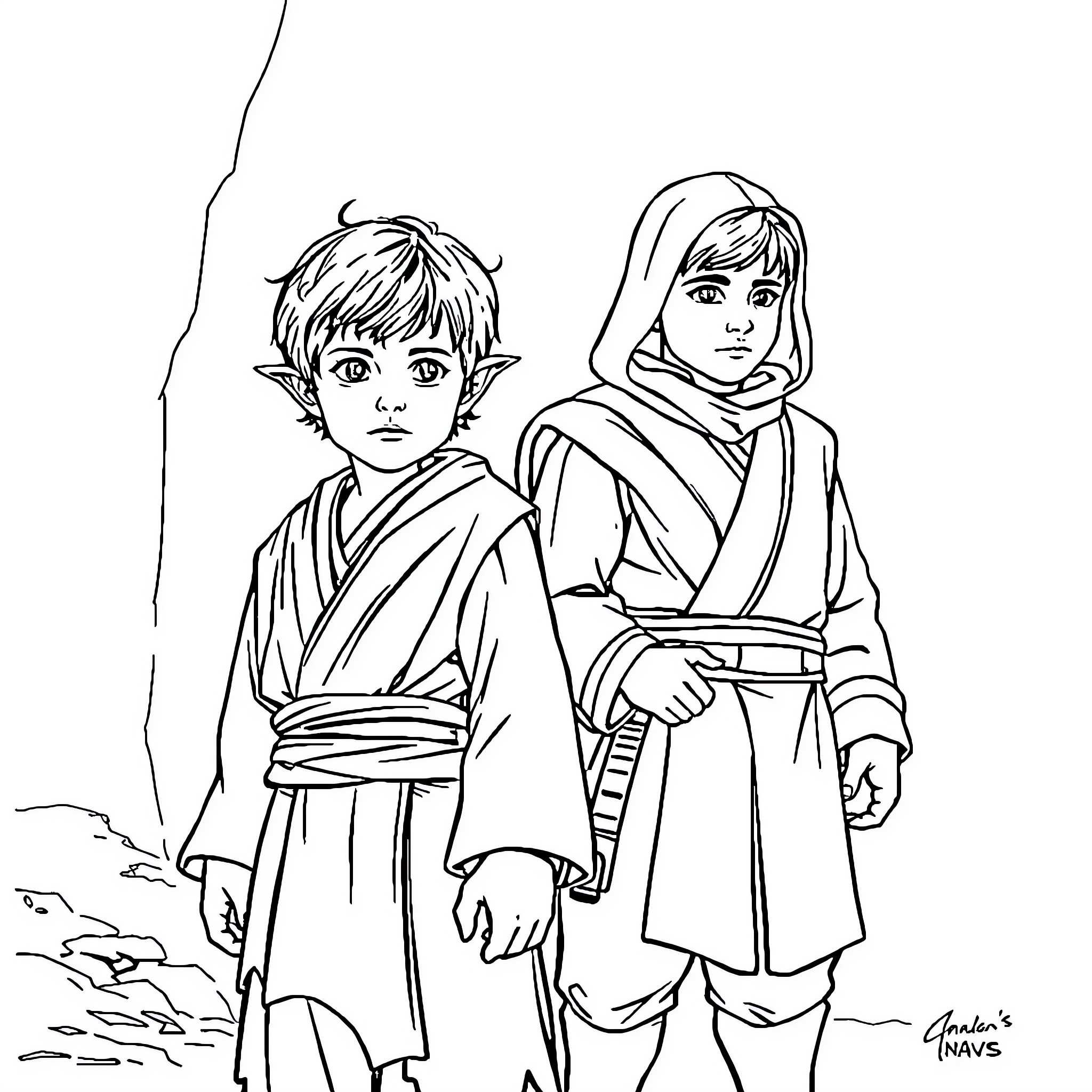 Anakin and Padmé in Jedi Robes Coloring Page (free black-and-white line drawing printable PDF for all, from beginners to advanced learners, including children, teens, adults, and seniors)