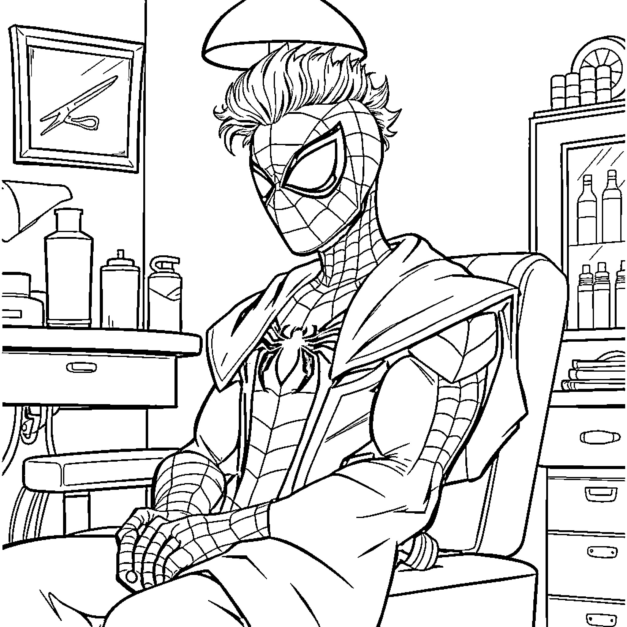 Spiderman relaxing in his room Coloring Page (free black-and-white line drawing printable PDF for all, from beginners to advanced learners, including children, teens, adults, and seniors)