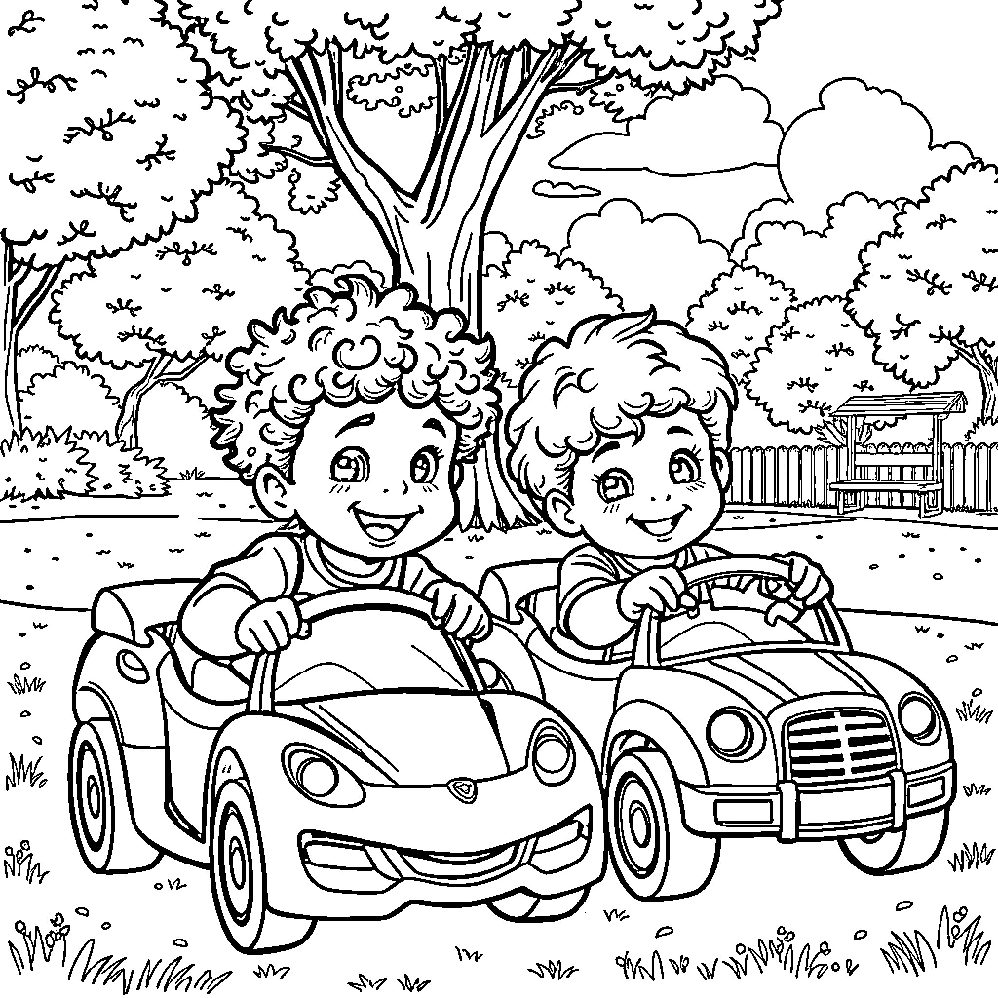 Boy and girl riding toy car in the park Coloring Page (free black-and-white line drawing printable PDF for all, from beginners to advanced learners, including children, teens, adults, and seniors)