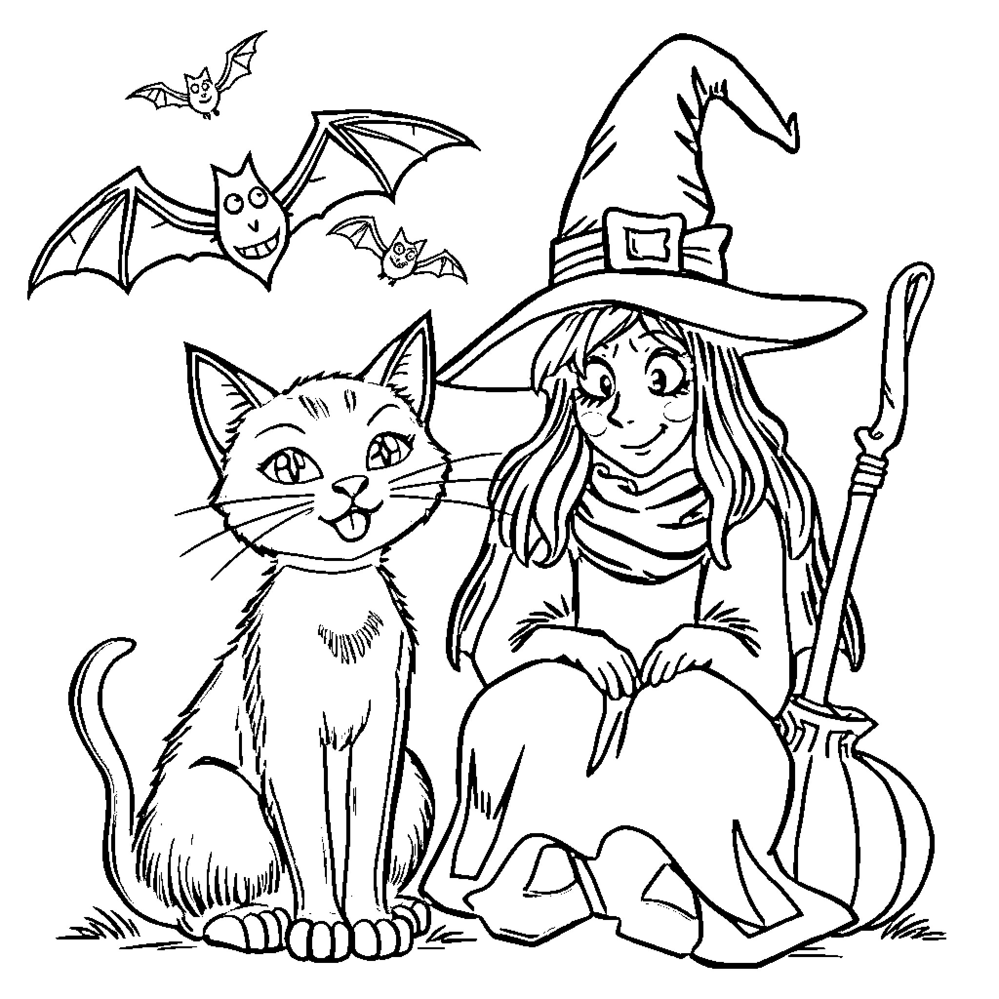 Cat and Witch in Halloween Costume Coloring Page (free black-and-white line drawing printable PDF for all, from beginners to advanced learners, including children, teens, adults, and seniors)