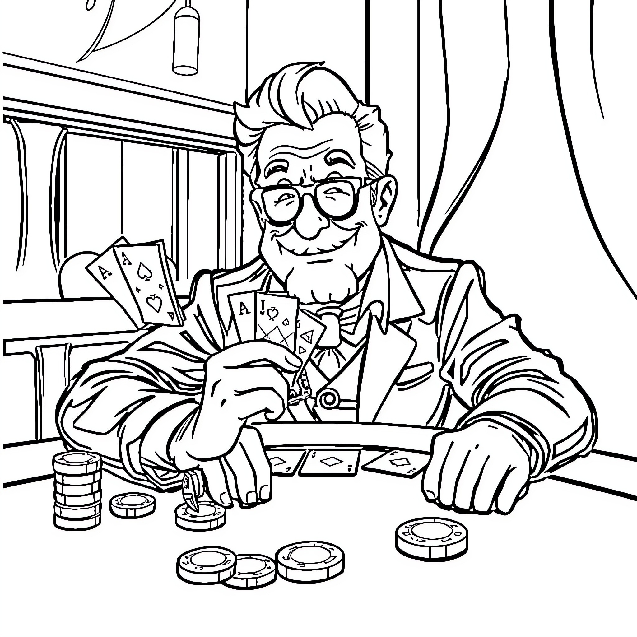 Sam's Card Game Delight Coloring Page (free black-and-white line drawing printable PDF for all, from beginners to advanced learners, including children, teens, adults, and seniors)