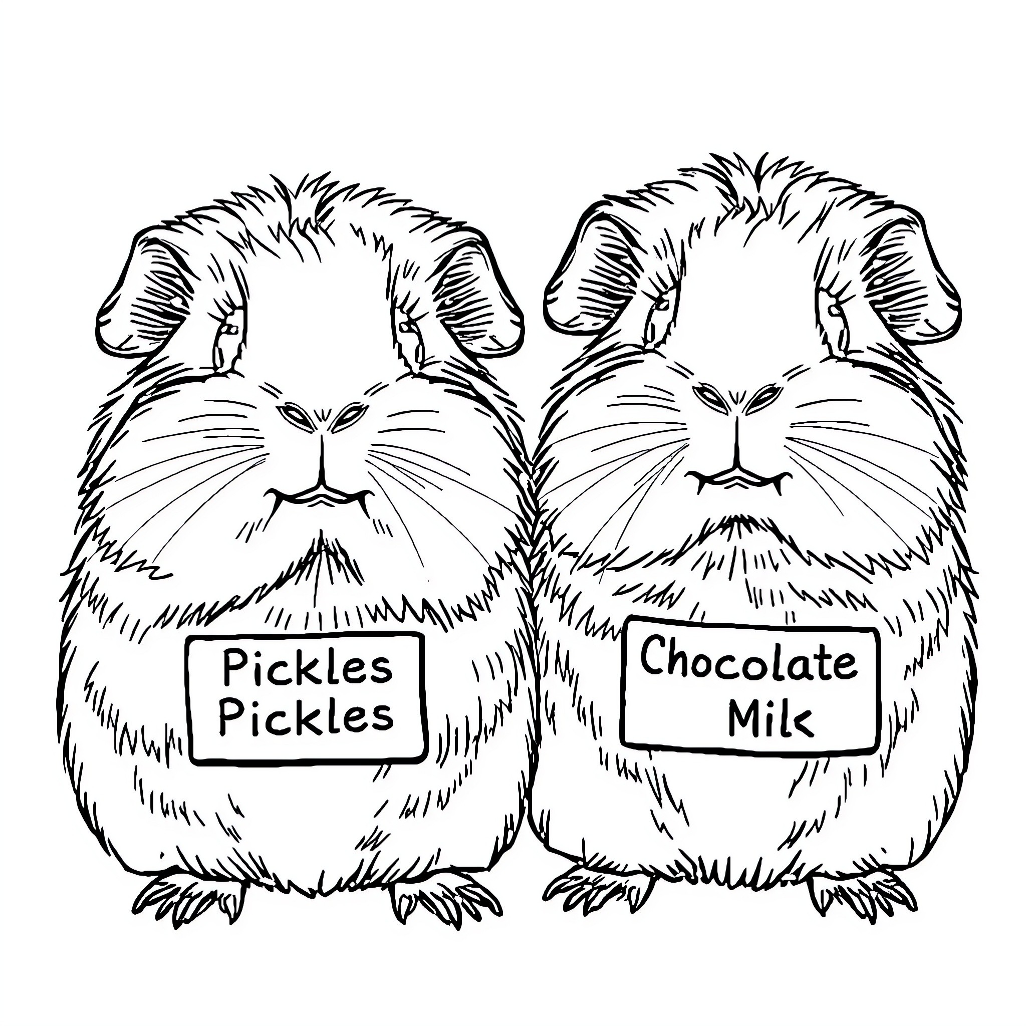 Guinea Pigs holding name tags Coloring Page (free black-and-white line drawing printable PDF for all, from beginners to advanced learners, including children, teens, adults, and seniors)