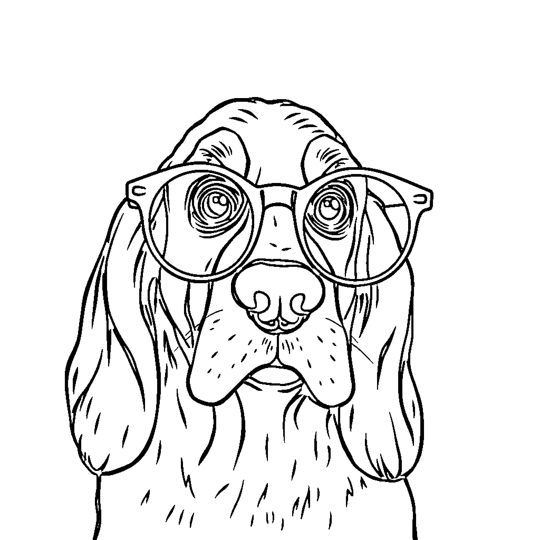 Basset Hound wearing smart glasses Coloring Page (free black-and-white line drawing printable PDF for all, from beginners to advanced learners, including children, teens, adults, and seniors)