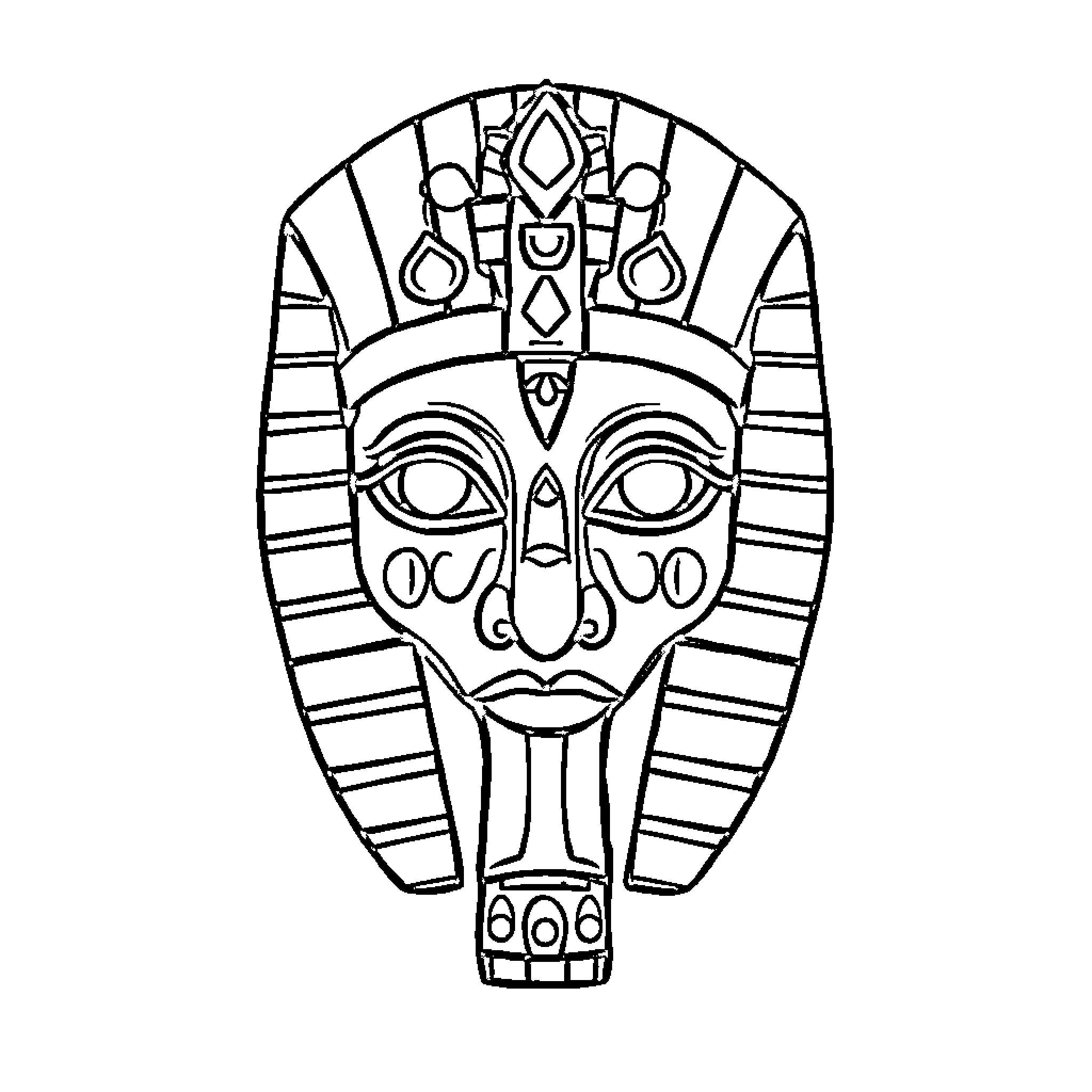 Egyptian Mask with Ornate Headpiece and Stylized Features Coloring Page (free black-and-white line drawing printable PDF for all, from beginners to advanced learners, including children, teens, adults, and seniors)