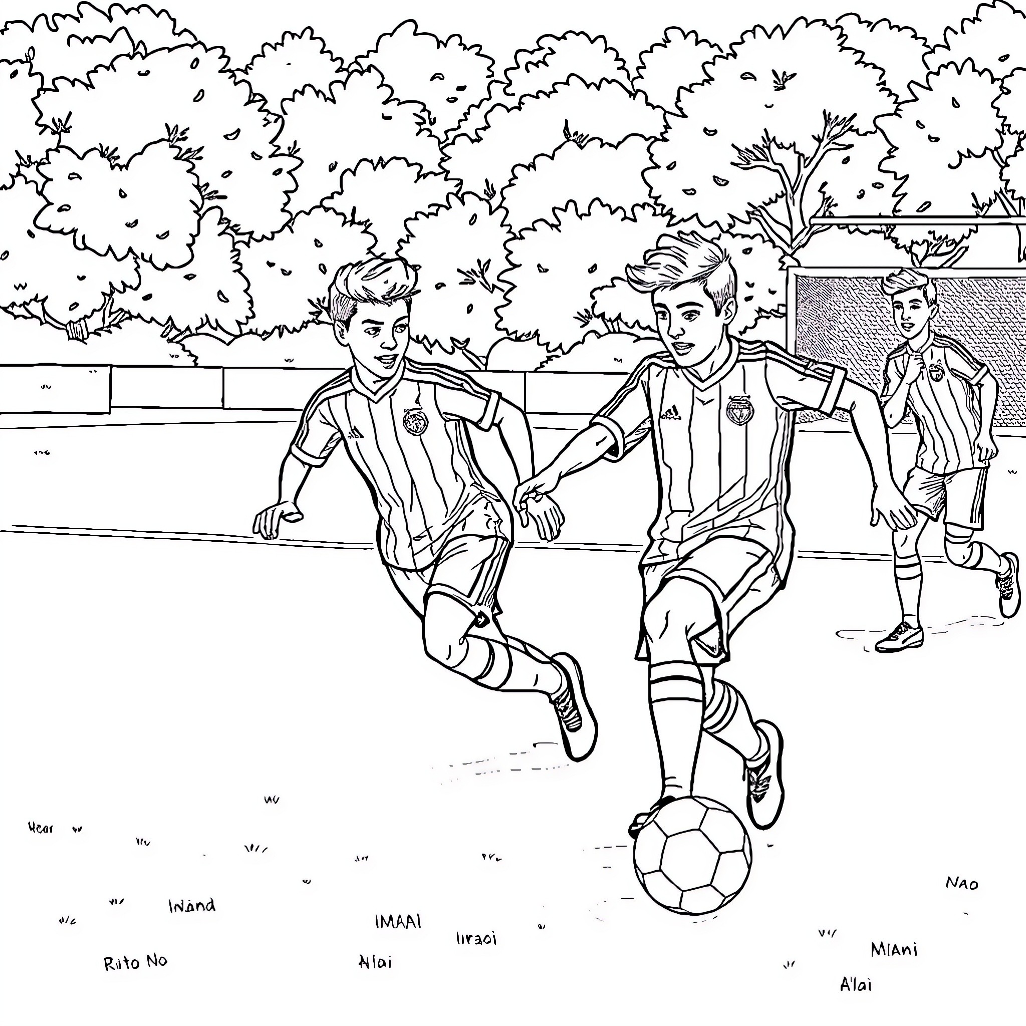 Idaia - Soccer Players on the Field Coloring Page (free black-and-white line drawing printable PDF for all, from beginners to advanced learners, including children, teens, adults, and seniors)