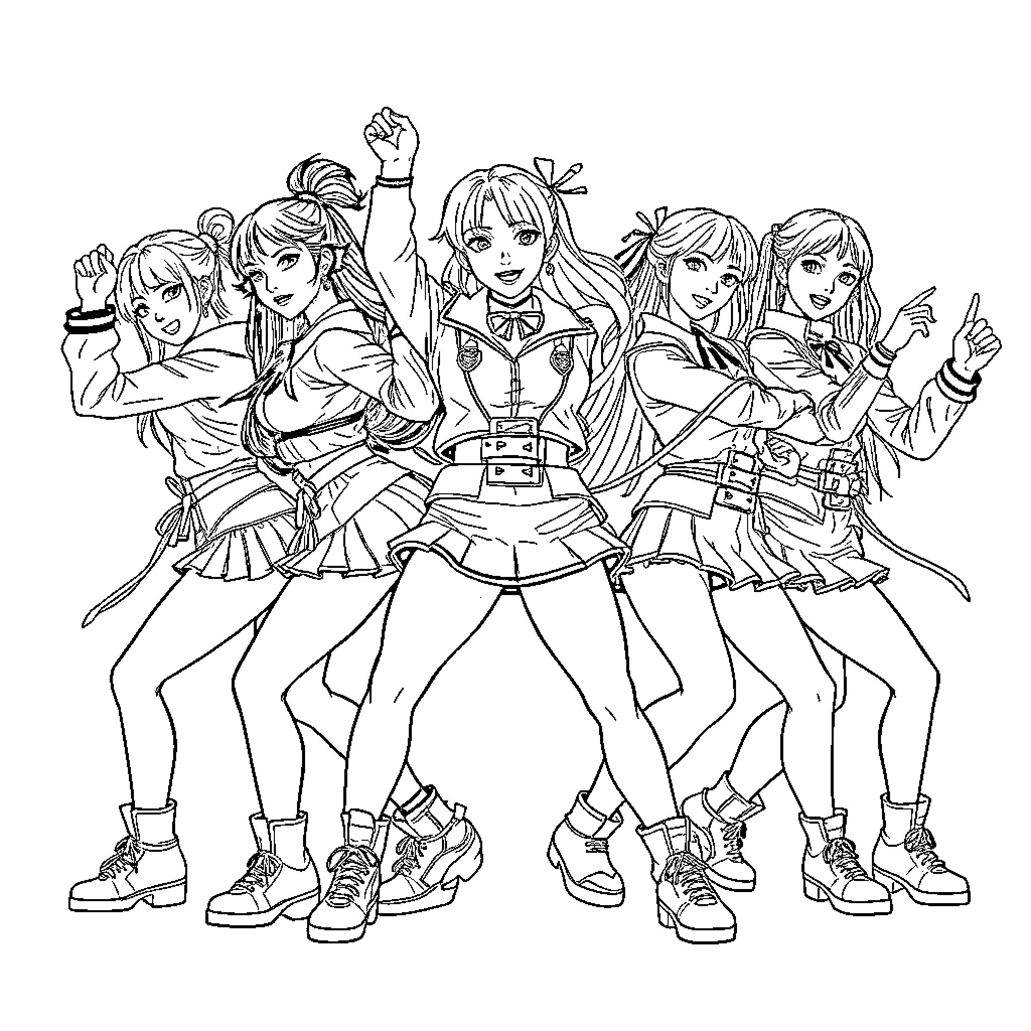 Kawaii Guerreira: Energetic Anime-Style Group Pose Coloring Page (free black-and-white line drawing printable PDF for all, from beginners to advanced learners, including children, teens, adults, and seniors)