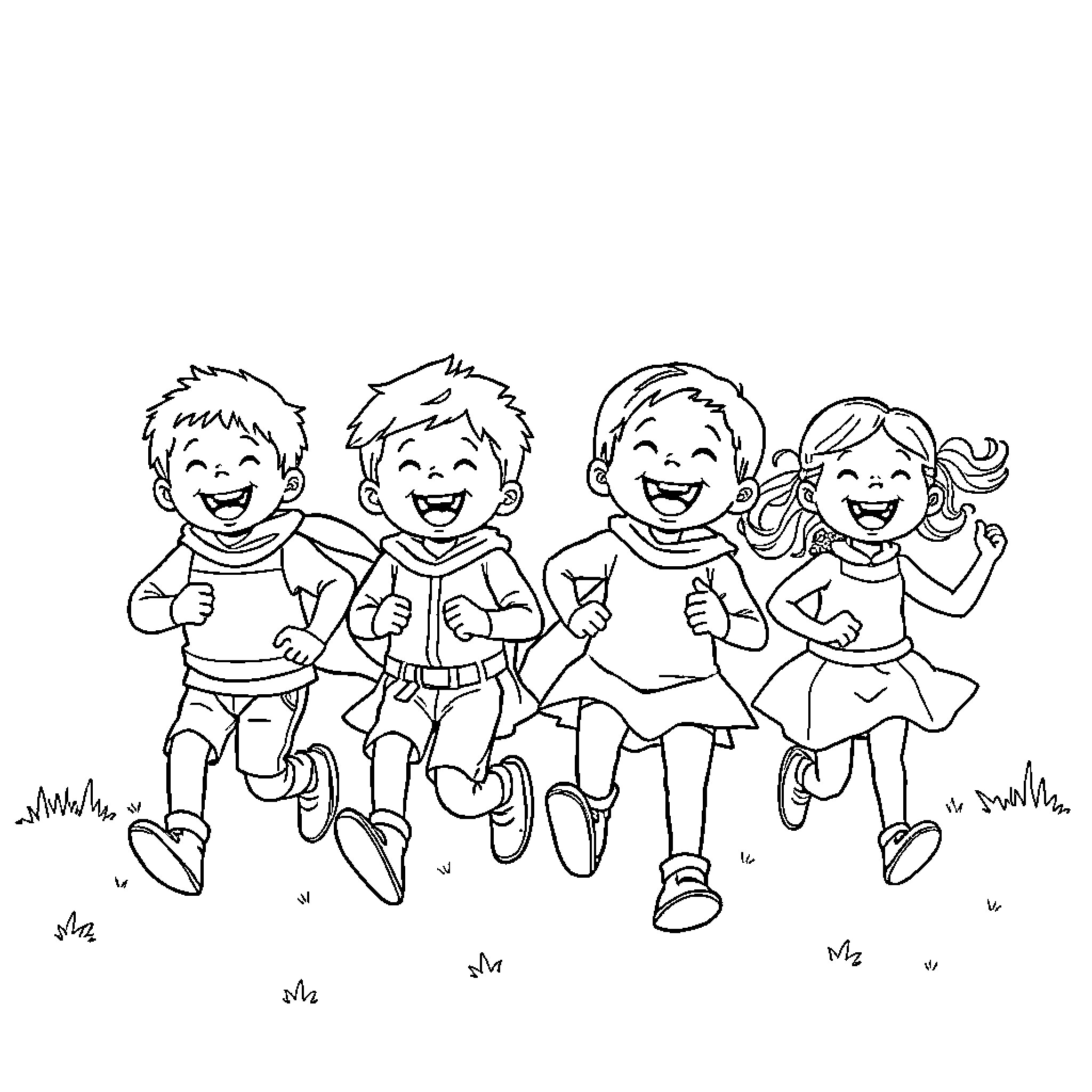 Kids playing happily together in the outdoors Coloring Page (free black-and-white line drawing printable PDF for all, from beginners to advanced learners, including children, teens, adults, and seniors)