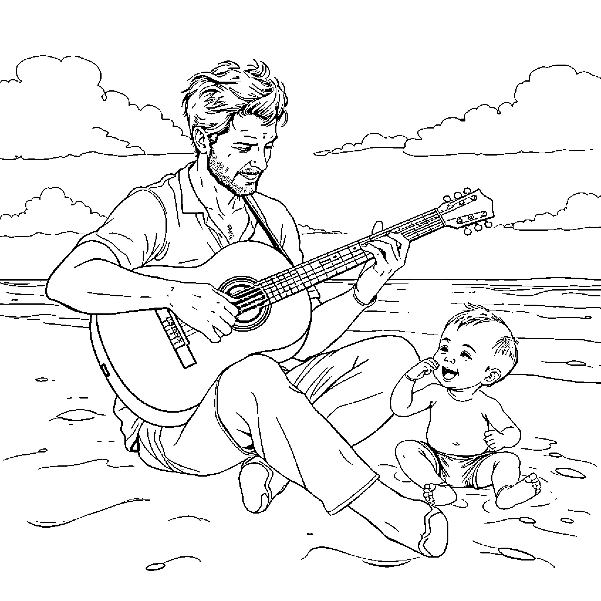 Guitar player serenading a baby on the beach Coloring Page (free black-and-white line drawing printable PDF for all, from beginners to advanced learners, including children, teens, adults, and seniors)