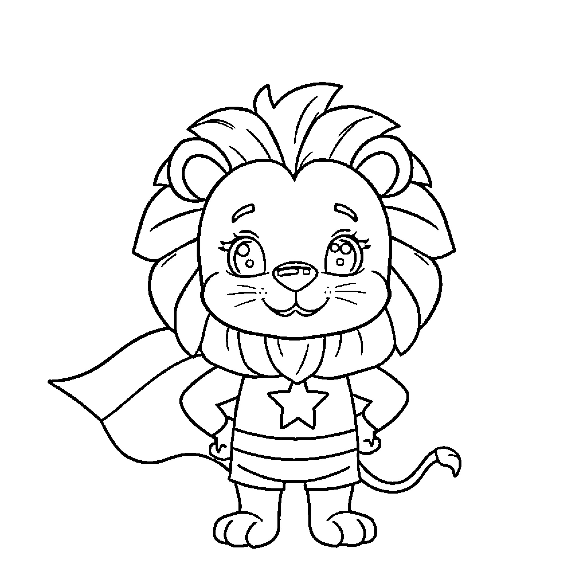 Lion in a superhero outfit Coloring Page (free black-and-white line drawing printable PDF for all, from beginners to advanced learners, including children, teens, adults, and seniors)