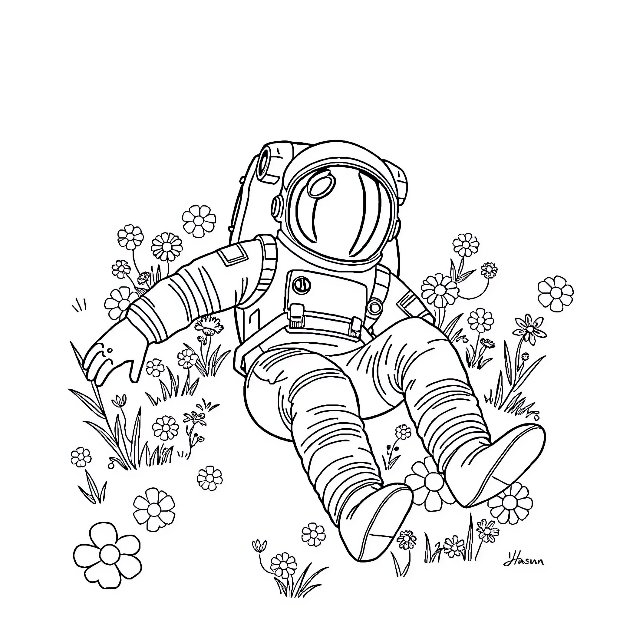 Astronaut resting in a floral field Coloring Page (free black-and-white line drawing printable PDF for all, from beginners to advanced learners, including children, teens, adults, and seniors)
