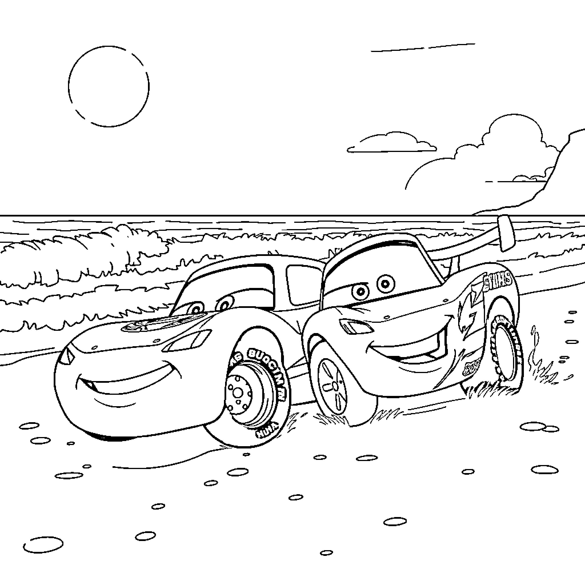 Lightning McQueen's fun adventure on the beach Coloring Page (free black-and-white line drawing printable PDF for all, from beginners to advanced learners, including children, teens, adults, and seniors)