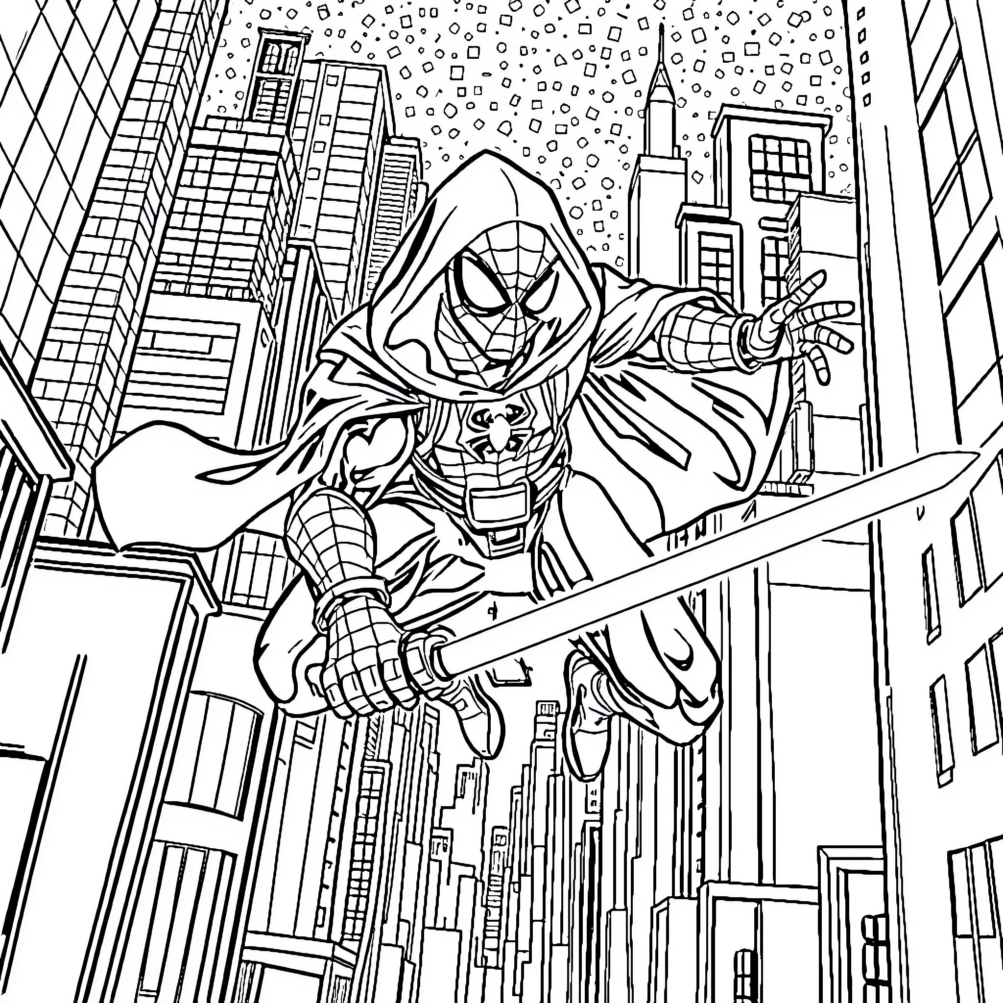 Spiderman swinging through the city skyline Coloring Page (free black-and-white line drawing printable PDF for all, from beginners to advanced learners, including children, teens, adults, and seniors)