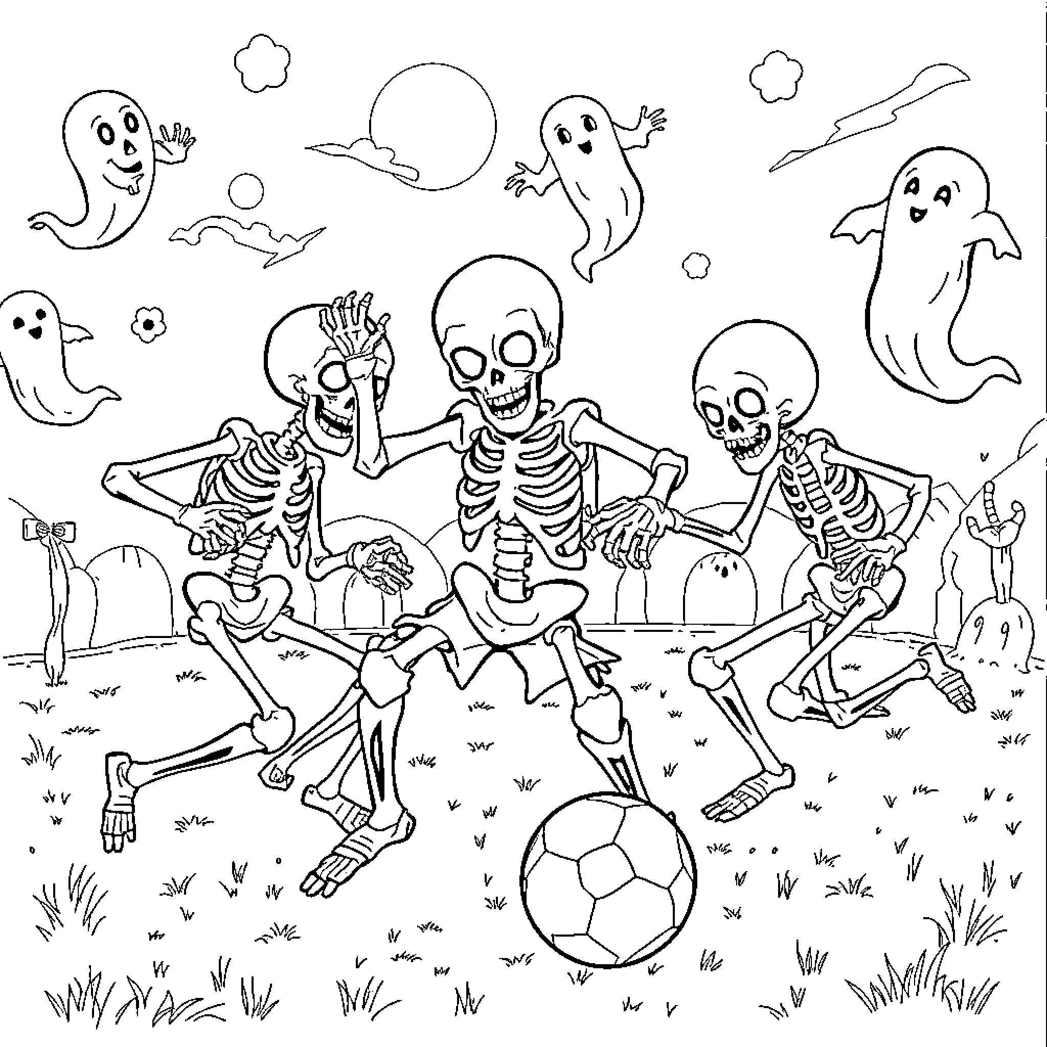 Skeleton crew playing a spooky soccer game Coloring Page (free black-and-white line drawing printable PDF for all, from beginners to advanced learners, including children, teens, adults, and seniors)