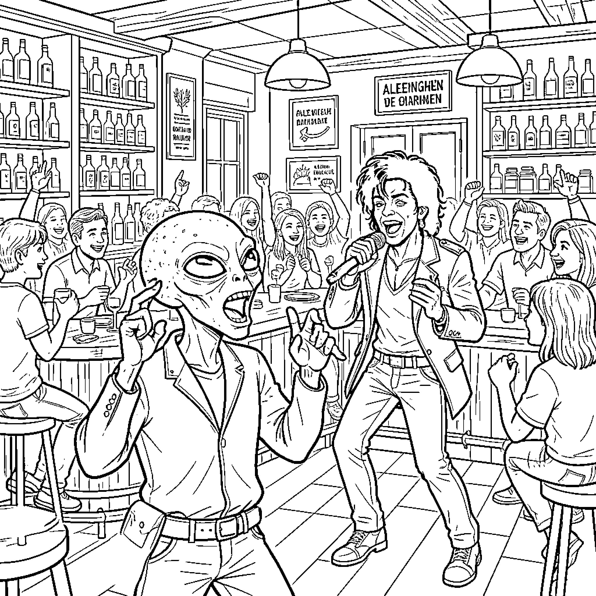 Extraterrestrial Creature Engaging in Revelry at the Local Establishment Coloring Page (free black-and-white line drawing printable PDF for all, from beginners to advanced learners, including children, teens, adults, and seniors)