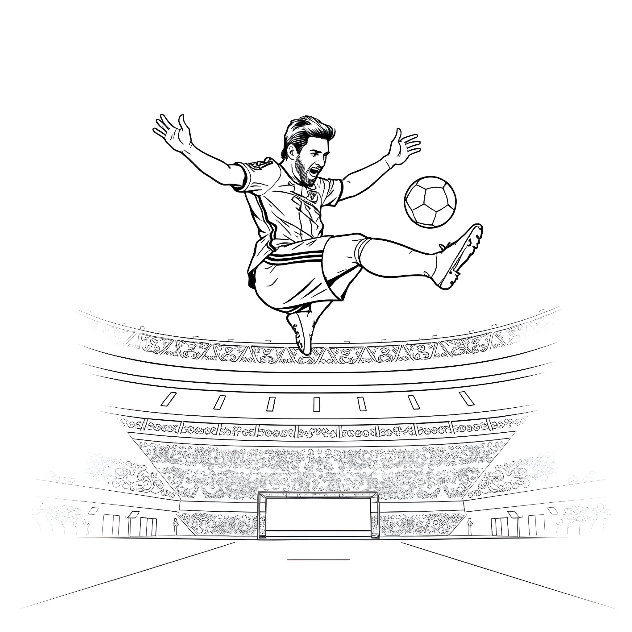 Lionel Messi Jumping to Kick the Soccer Ball in the Stadium Coloring Page (free black-and-white line drawing printable PDF for all, from beginners to advanced learners, including children, teens, adults, and seniors)