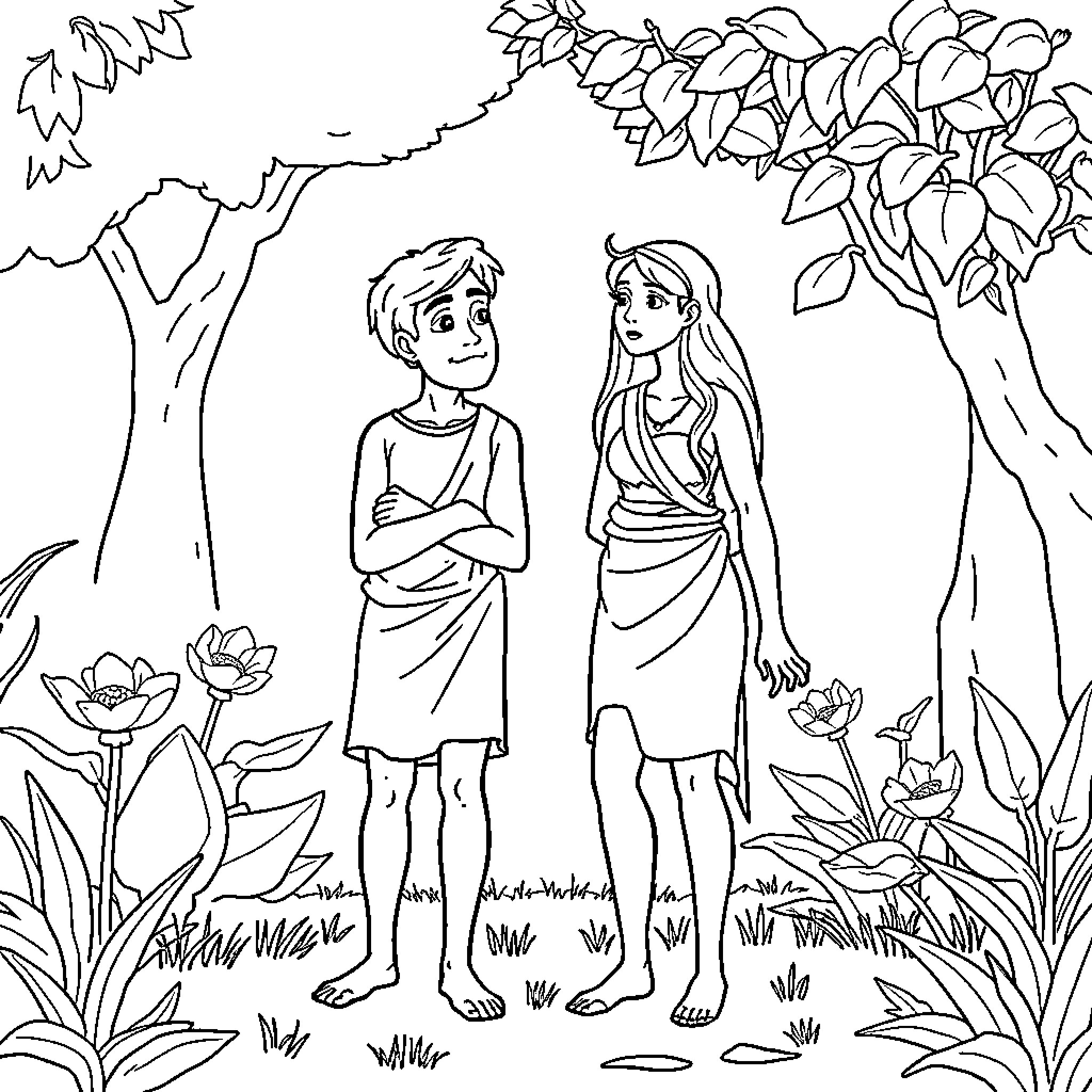 Adam and Eve in the Garden of Eden Coloring Page (free black-and-white line drawing printable PDF for all, from beginners to advanced learners, including children, teens, adults, and seniors)