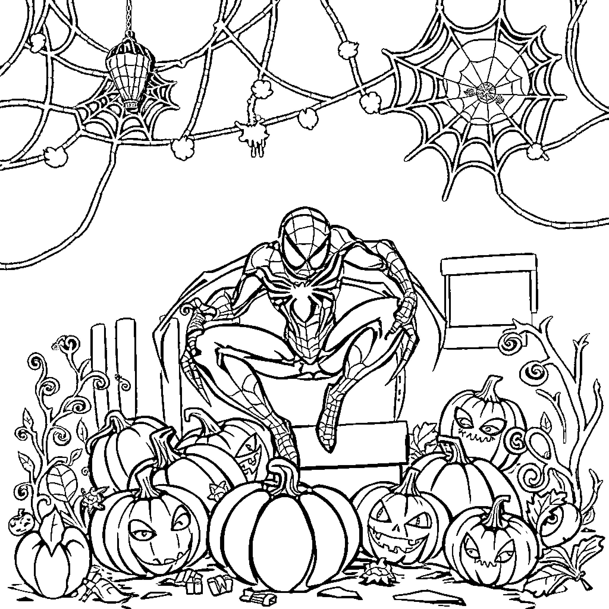 Spider-Hero swings through spooky Halloween scene Coloring Page (free black-and-white line drawing printable PDF for all, from beginners to advanced learners, including children, teens, adults, and seniors)