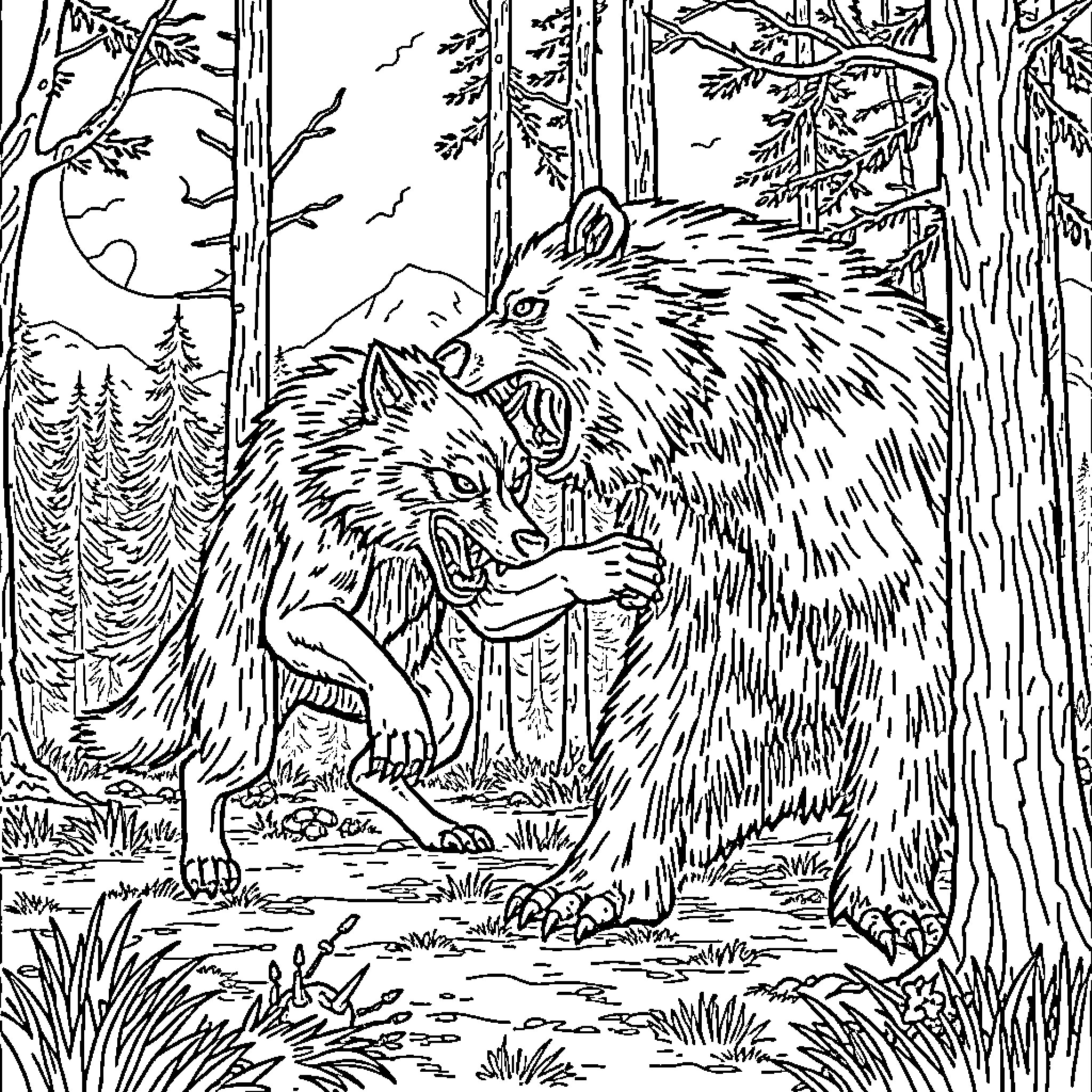 Wolf siblings playing in the forest Coloring Page (free black-and-white line drawing printable PDF for all, from beginners to advanced learners, including children, teens, adults, and seniors)