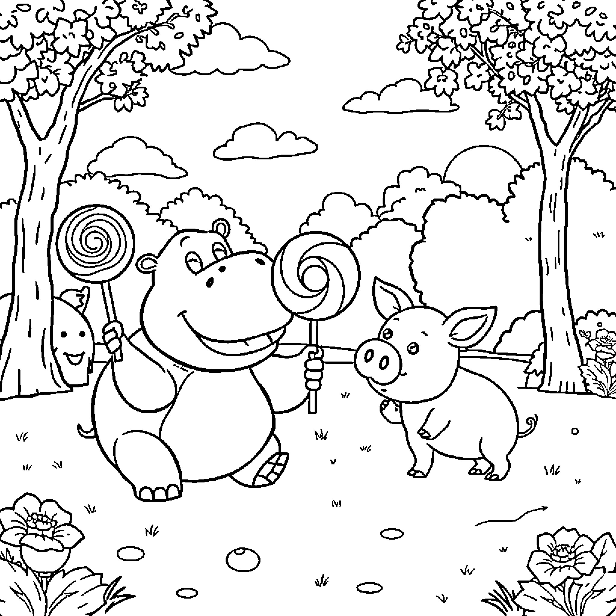 Hippo and Pig Enjoying Lollipops in the Woodlands Coloring Page (free black-and-white line drawing printable PDF for all, from beginners to advanced learners, including children, teens, adults, and seniors)