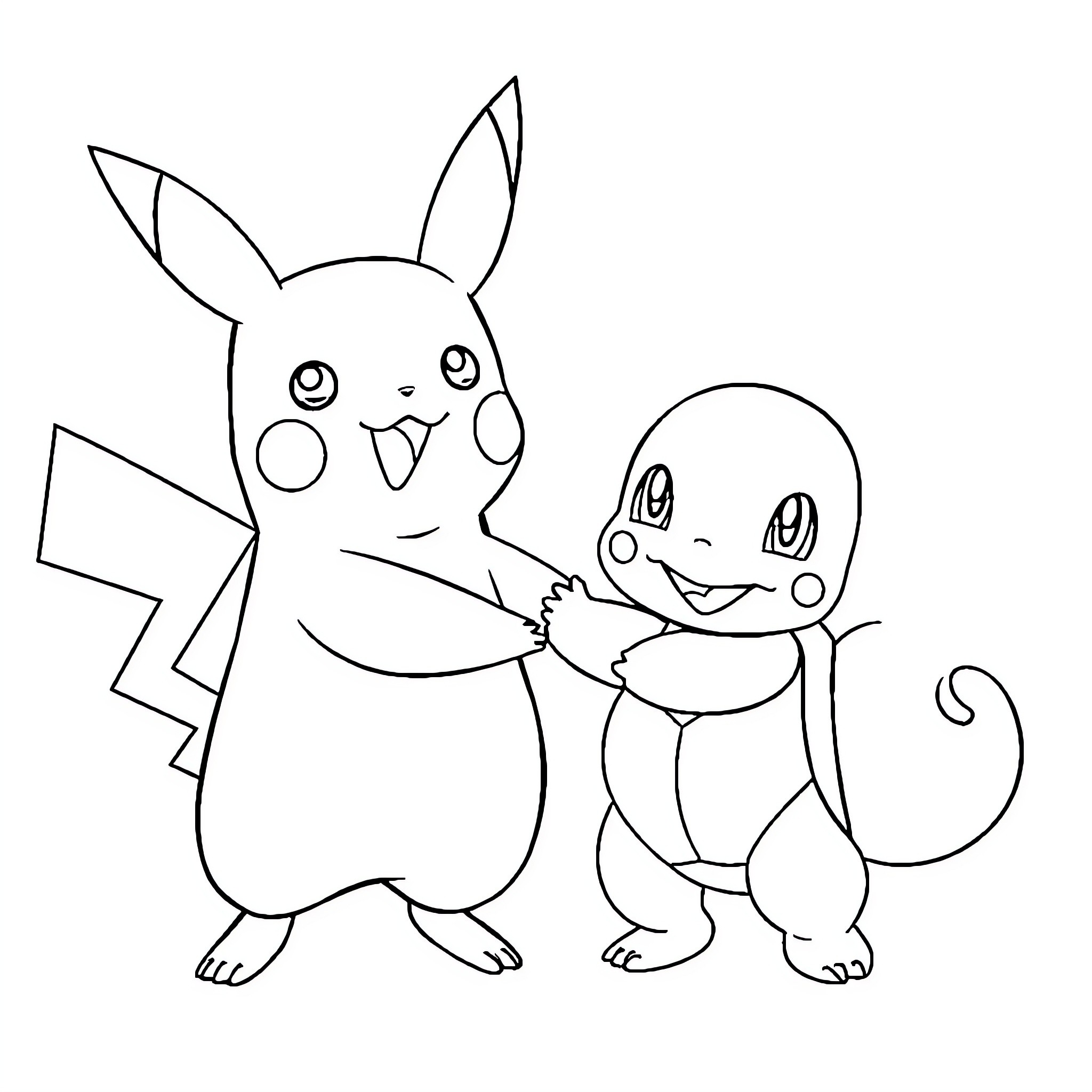 Pikachu and Charmander playing together Coloring Page (free black-and-white line drawing printable PDF for all, from beginners to advanced learners, including children, teens, adults, and seniors)