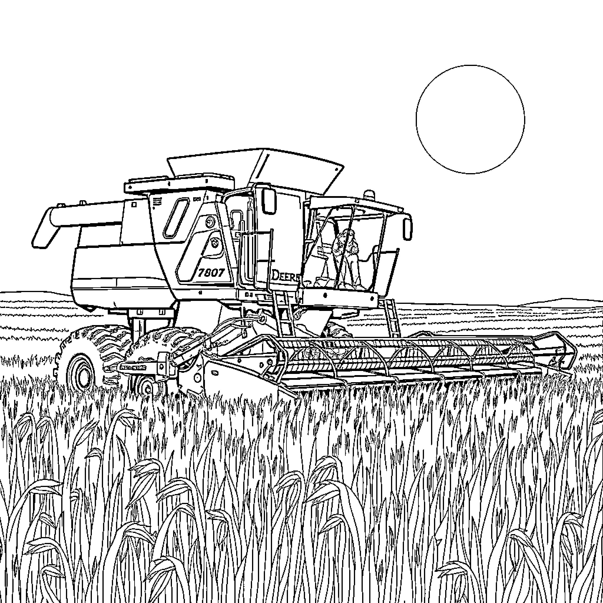 John Deere Harvester Navigating Wheat Field Coloring Page (free black-and-white line drawing printable PDF for all, from beginners to advanced learners, including children, teens, adults, and seniors)