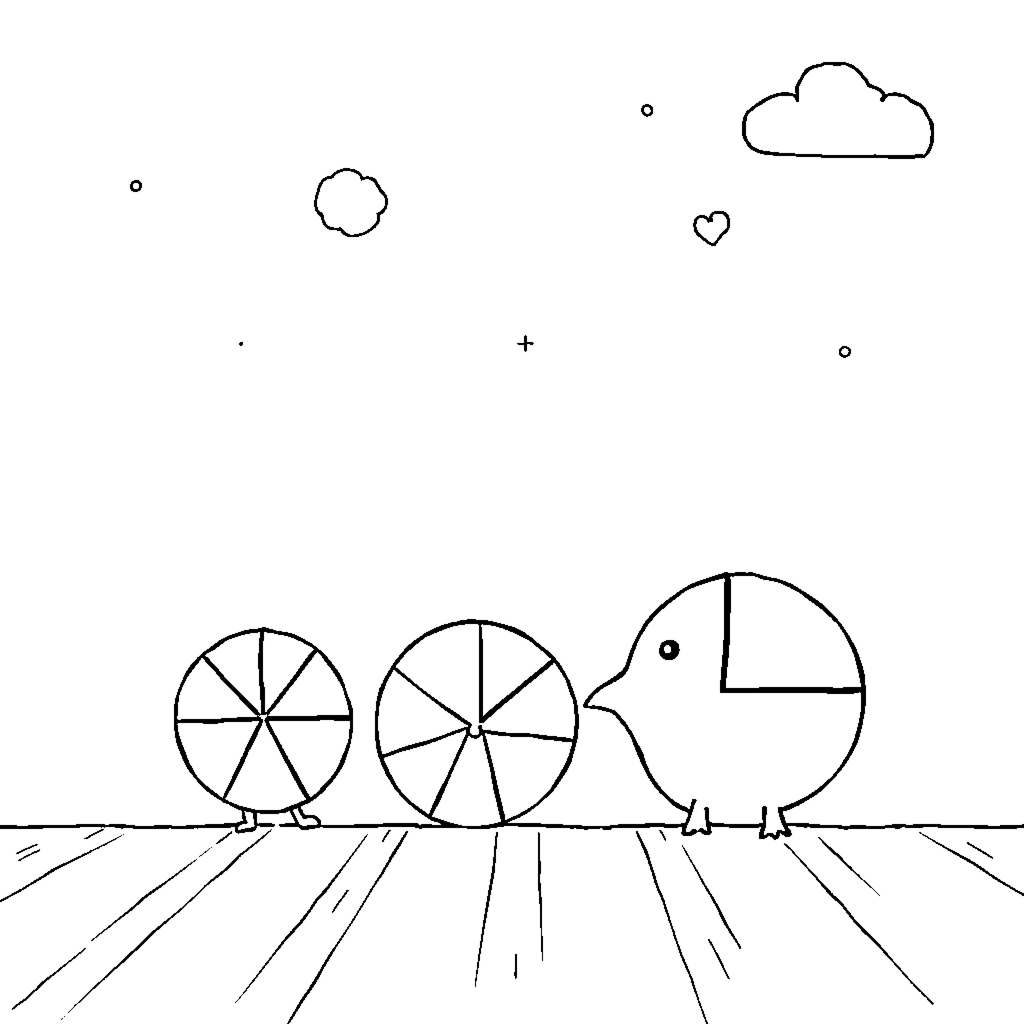 Fraction of Geometric Shapes in Landscape Coloring Page (free black-and-white line drawing printable PDF for all, from beginners to advanced learners, including children, teens, adults, and seniors)