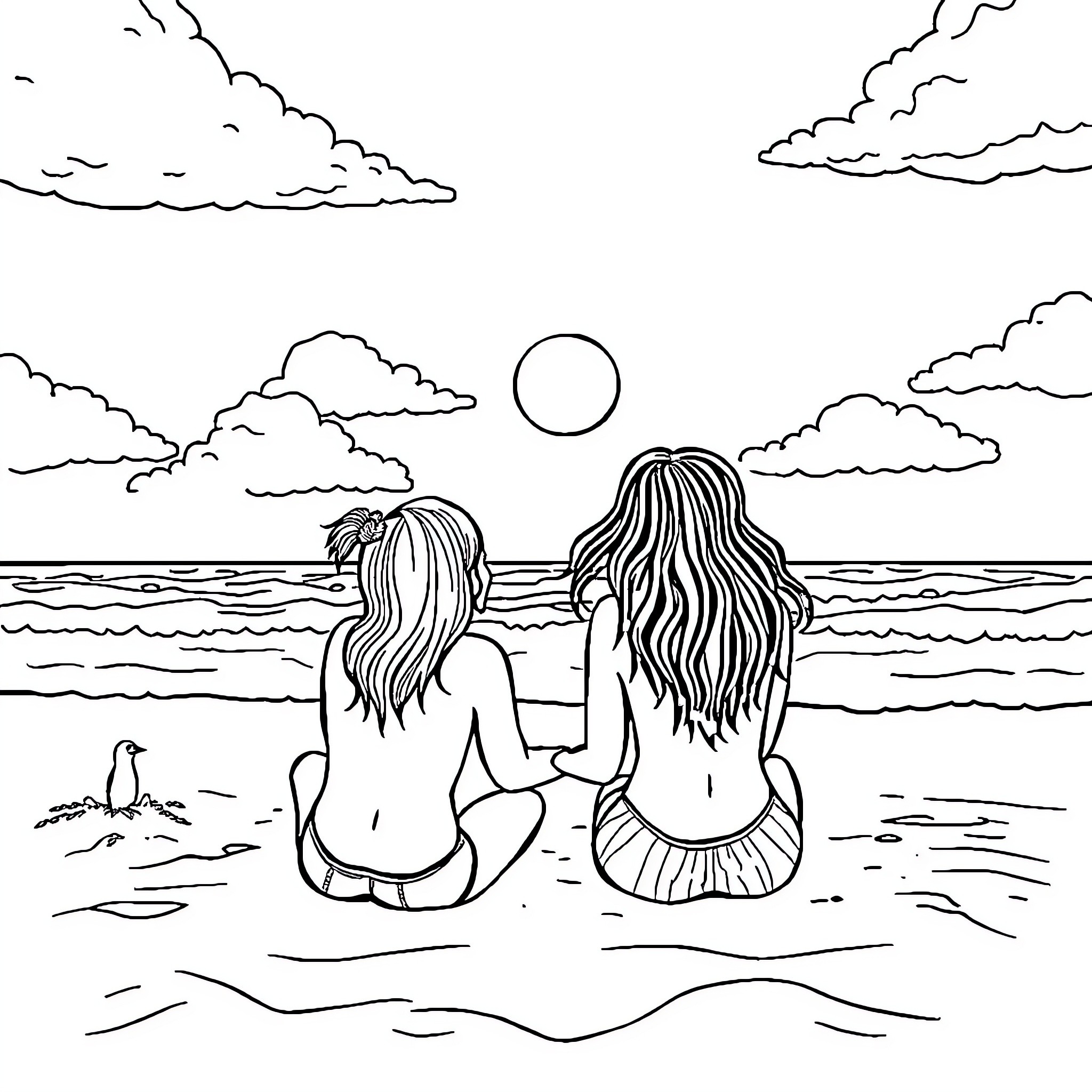 Among Us Friends Enjoy Sunset at the Beach Coloring Page (free black-and-white line drawing printable PDF for all, from beginners to advanced learners, including children, teens, adults, and seniors)