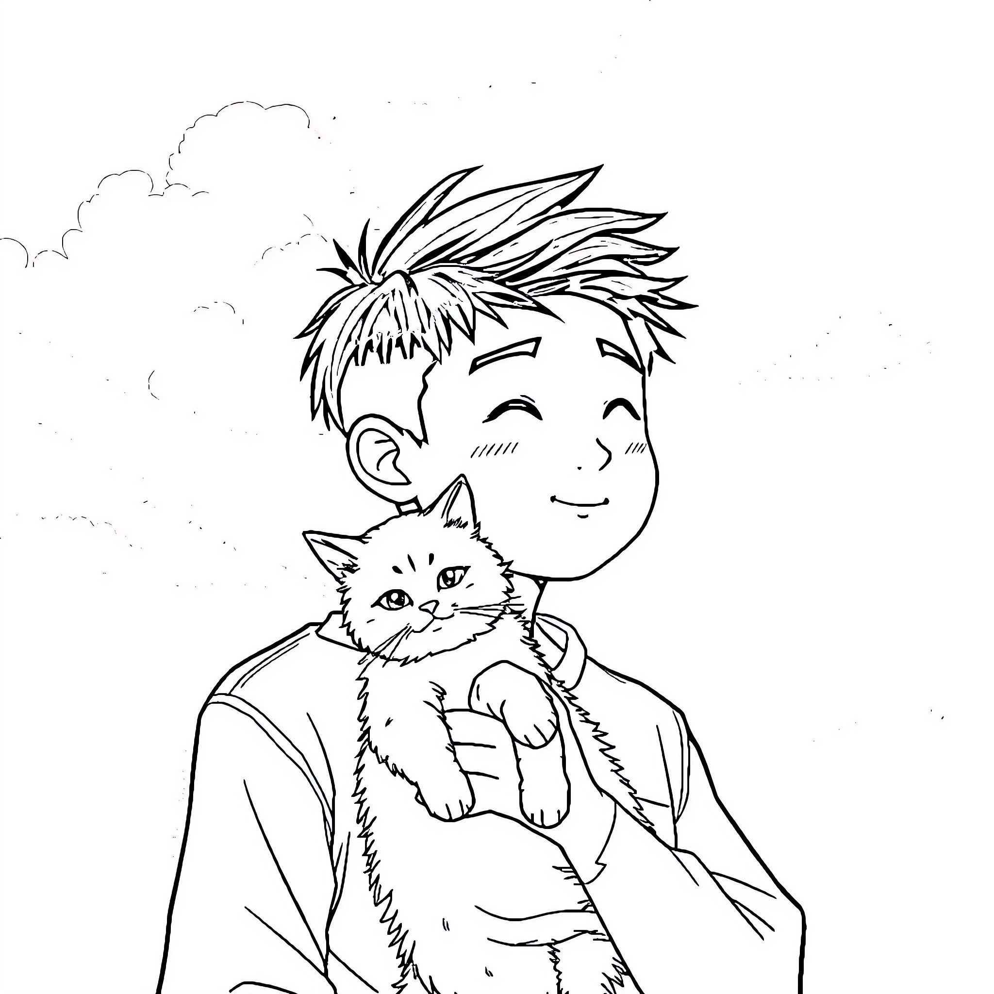 Cat held by cheerful boy in the clouds Coloring Page (free black-and-white line drawing printable PDF for all, from beginners to advanced learners, including children, teens, adults, and seniors)