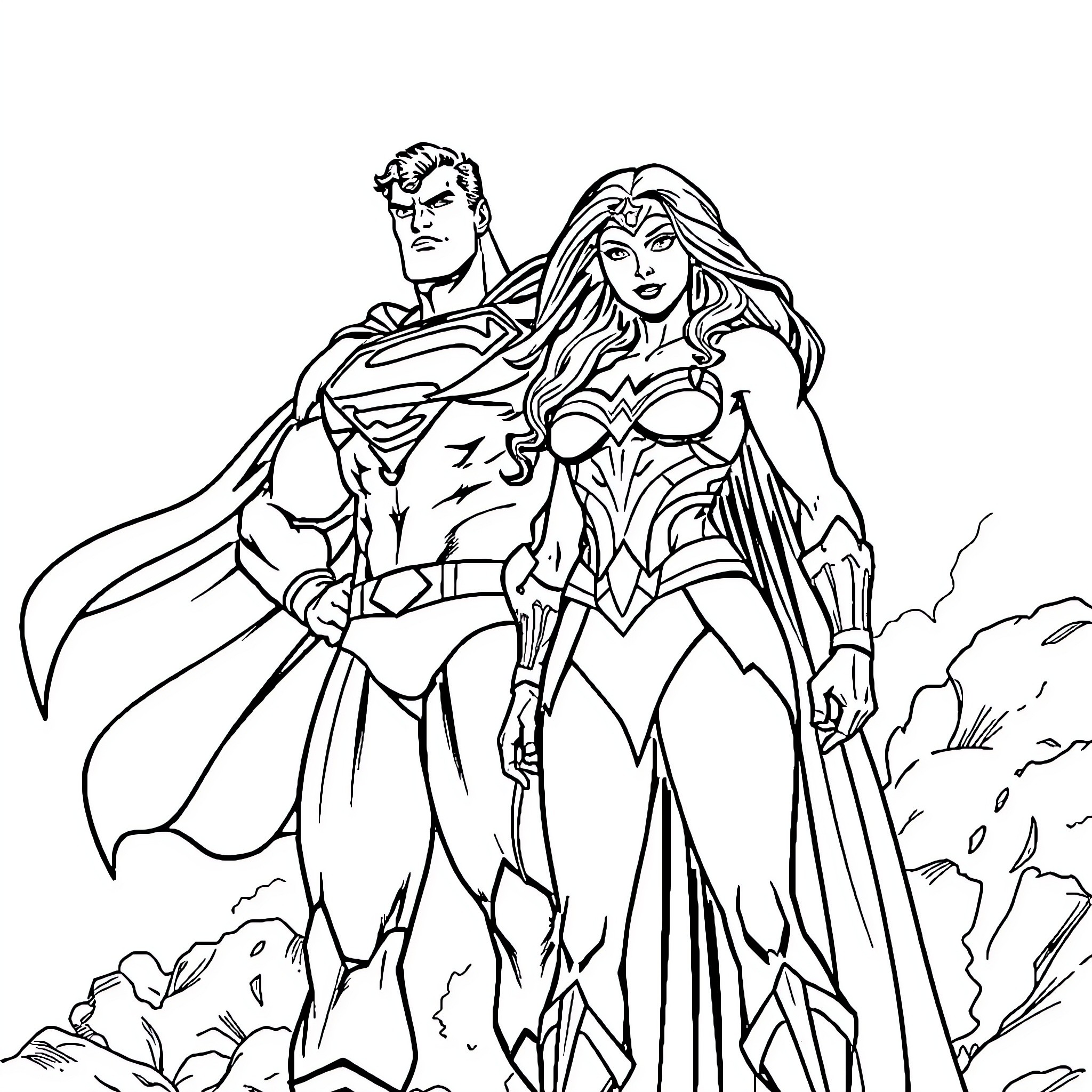 Superman and Wonder Woman in heroic poses Coloring Page (free black-and-white line drawing printable PDF for all, from beginners to advanced learners, including children, teens, adults, and seniors)