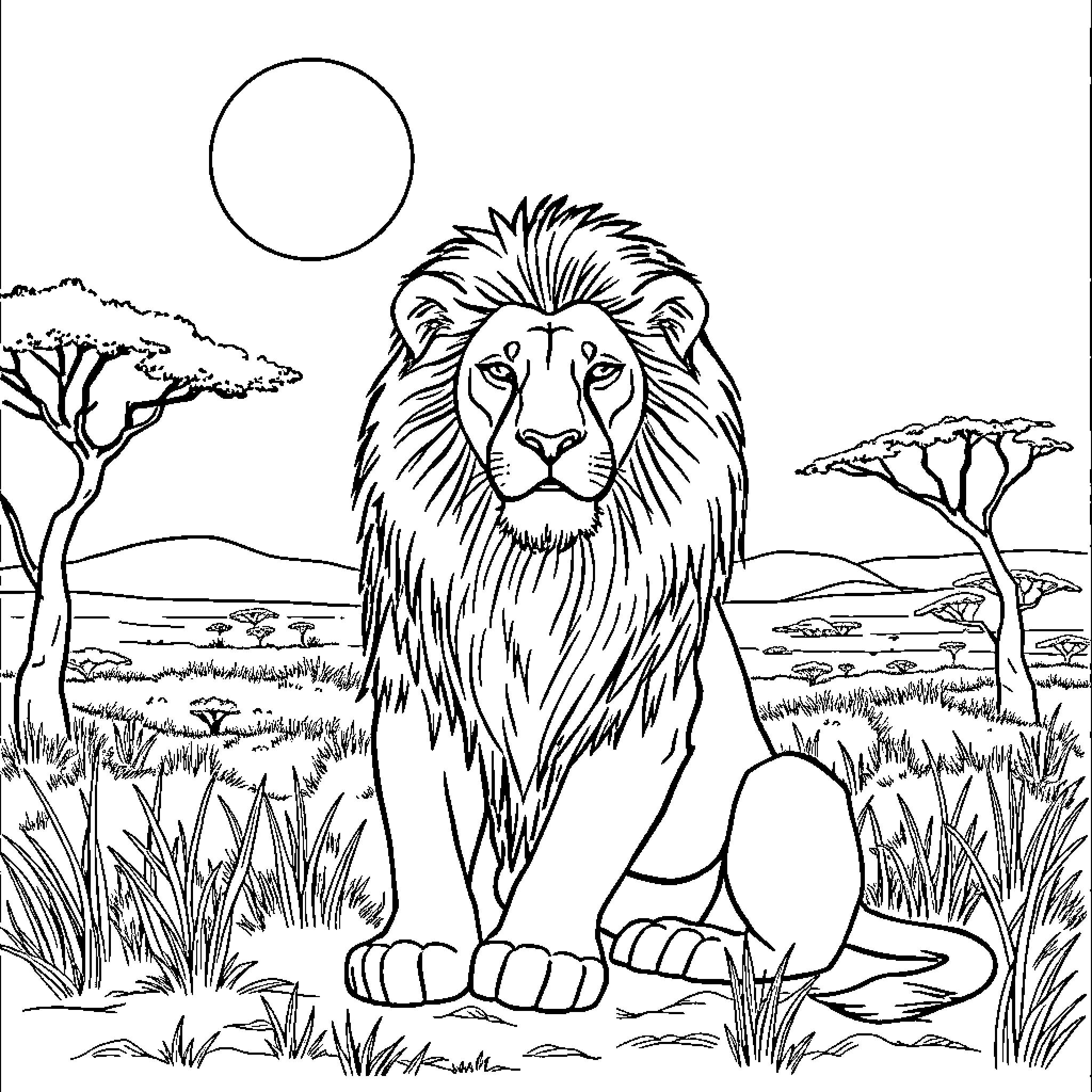 Lion resting majestically in the African savanna Coloring Page (free black-and-white line drawing printable PDF for all, from beginners to advanced learners, including children, teens, adults, and seniors)