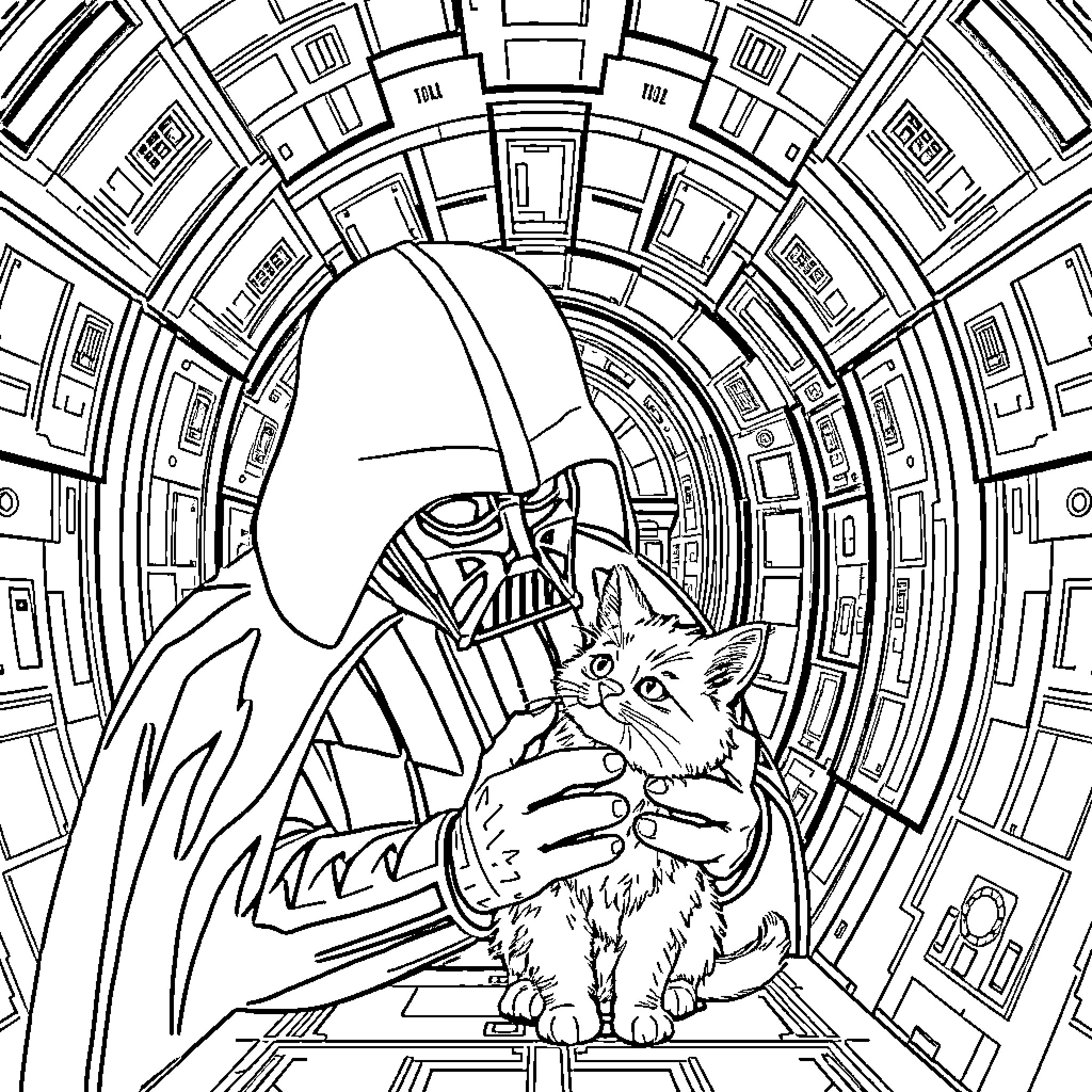 Darth Vader and the Curious Kitty in the Galactic Corridor Coloring Page (free black-and-white line drawing printable PDF for all, from beginners to advanced learners, including children, teens, adults, and seniors)