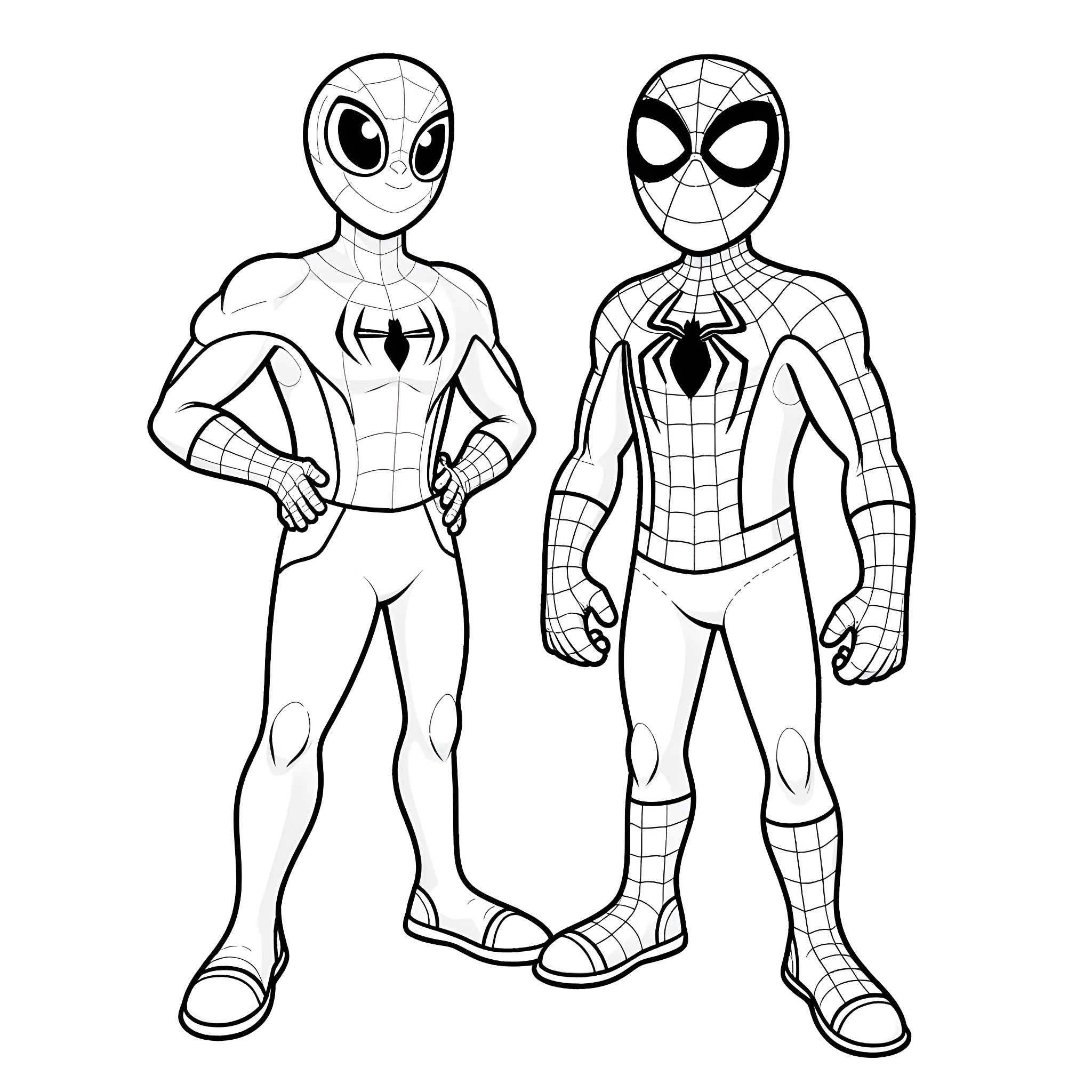 Wallykazam Spider Superheroes in Action Coloring Page (free black-and-white line drawing printable PDF for all, from beginners to advanced learners, including children, teens, adults, and seniors)