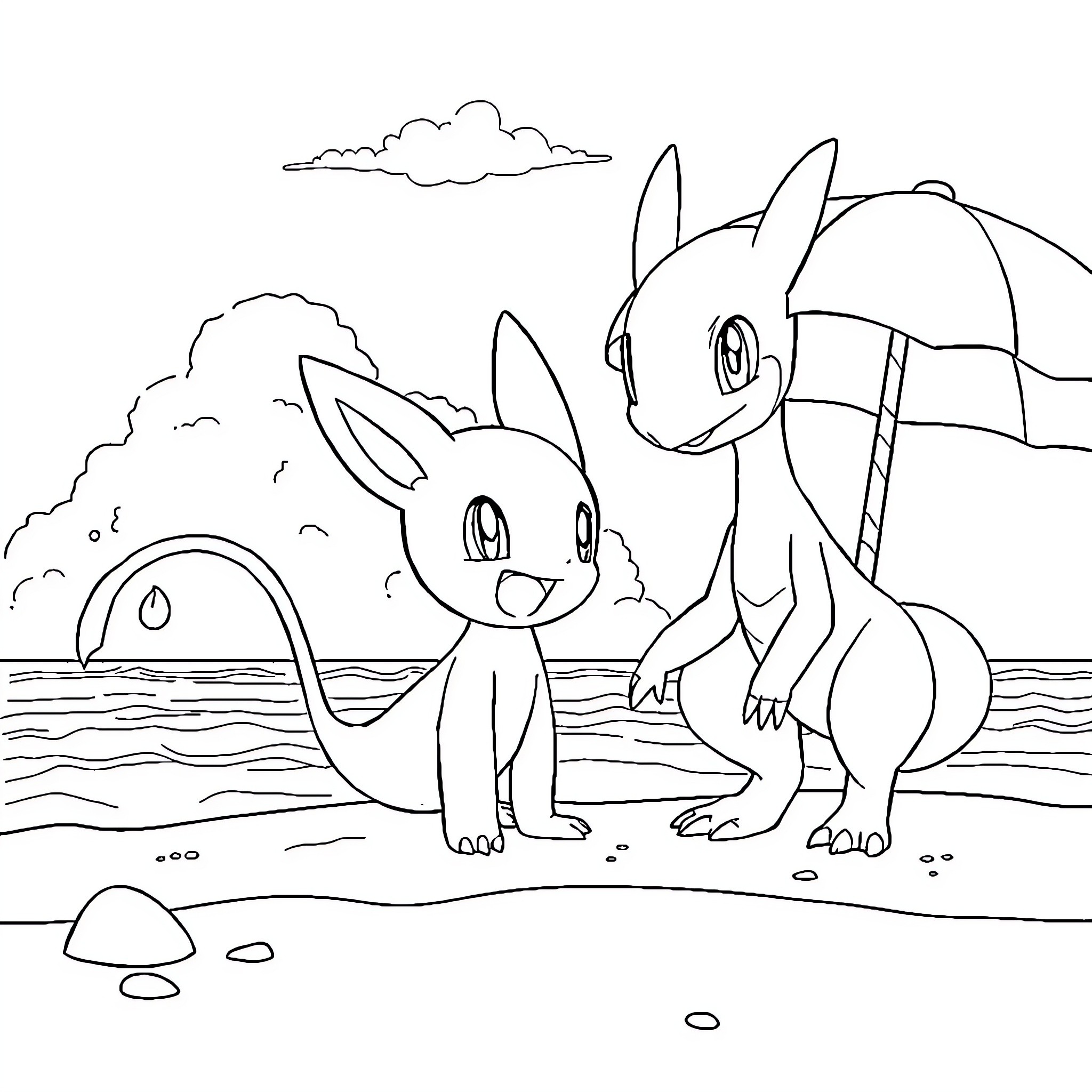 Pokémon playing together on the beach Coloring Page (free black-and-white line drawing printable PDF for all, from beginners to advanced learners, including children, teens, adults, and seniors)