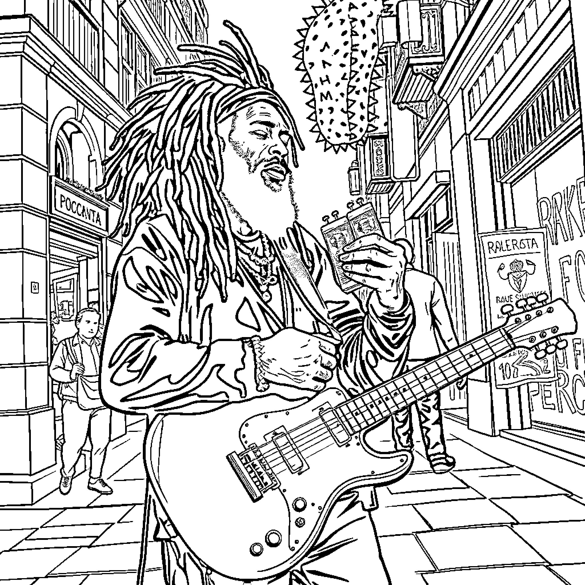 Rasta Man Playing Guitar on a City Street Coloring Page (free black-and-white line drawing printable PDF for all, from beginners to advanced learners, including children, teens, adults, and seniors)
